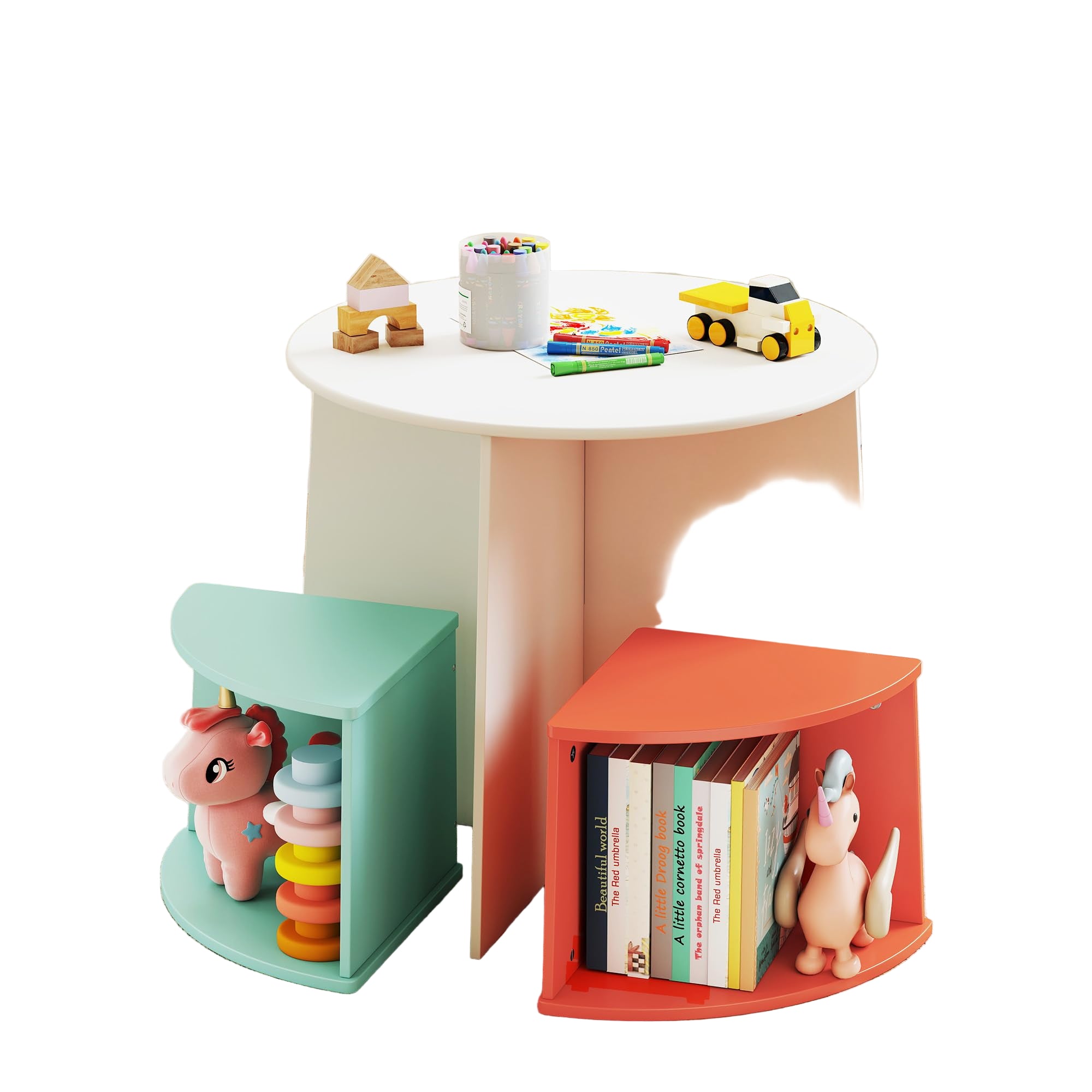 Kids Table and Chair Set with 4 Storage Stools, Round Wooden Children Multi-Activity