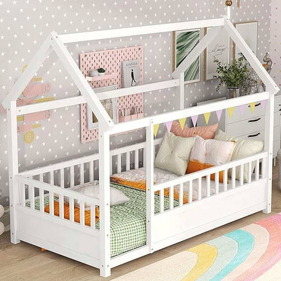 Kids Montessori Twin Size Floor Bed with High Fence, House Bed for Kids, Wooden, Gray