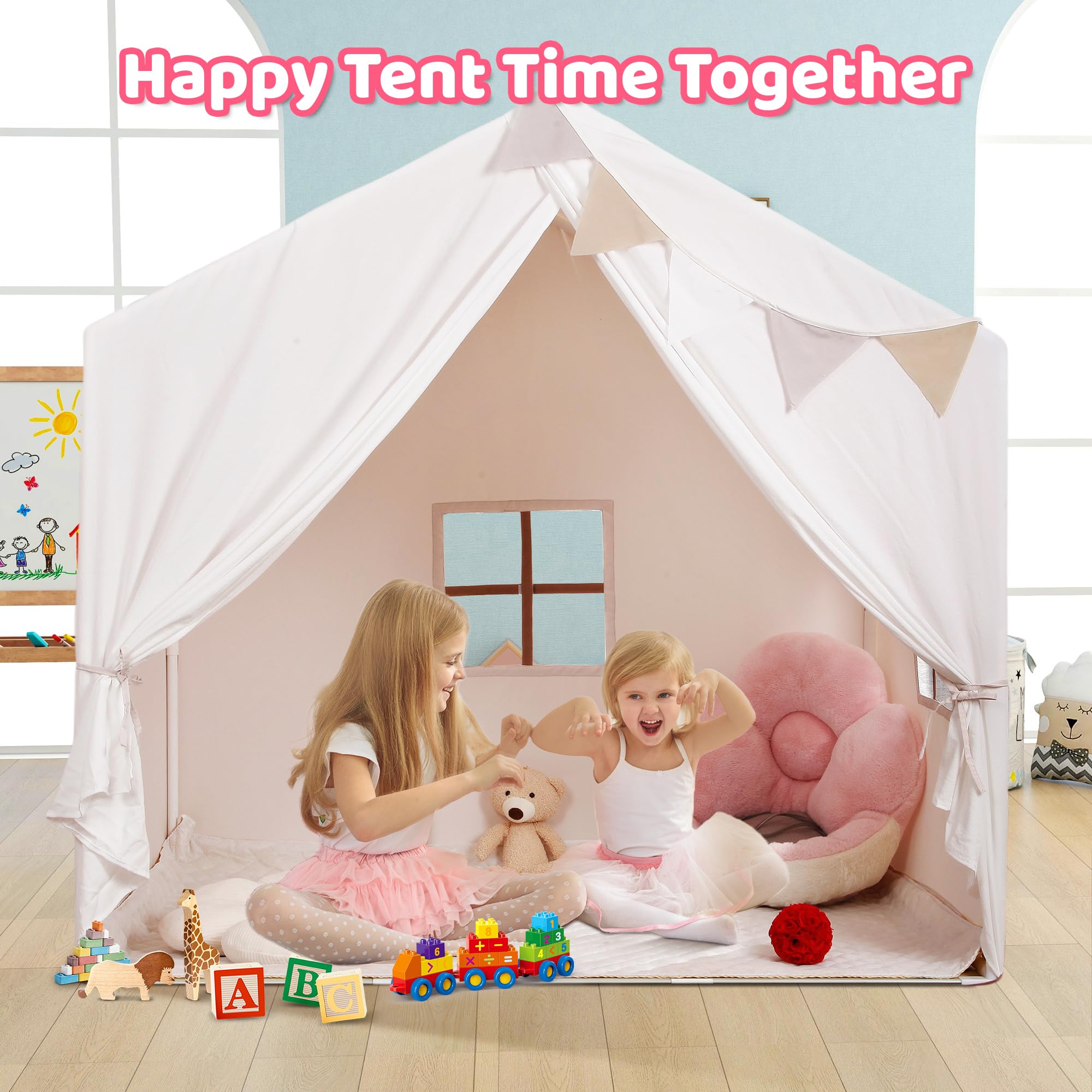 Kids Play Tent, Large Playhouse with Star Lights and Mat, Washable Indoor Toddler Teepee Tent for Boys & Girls, Children's Tent with Flags, Beige, 52L x36W x52H, Age 3+
