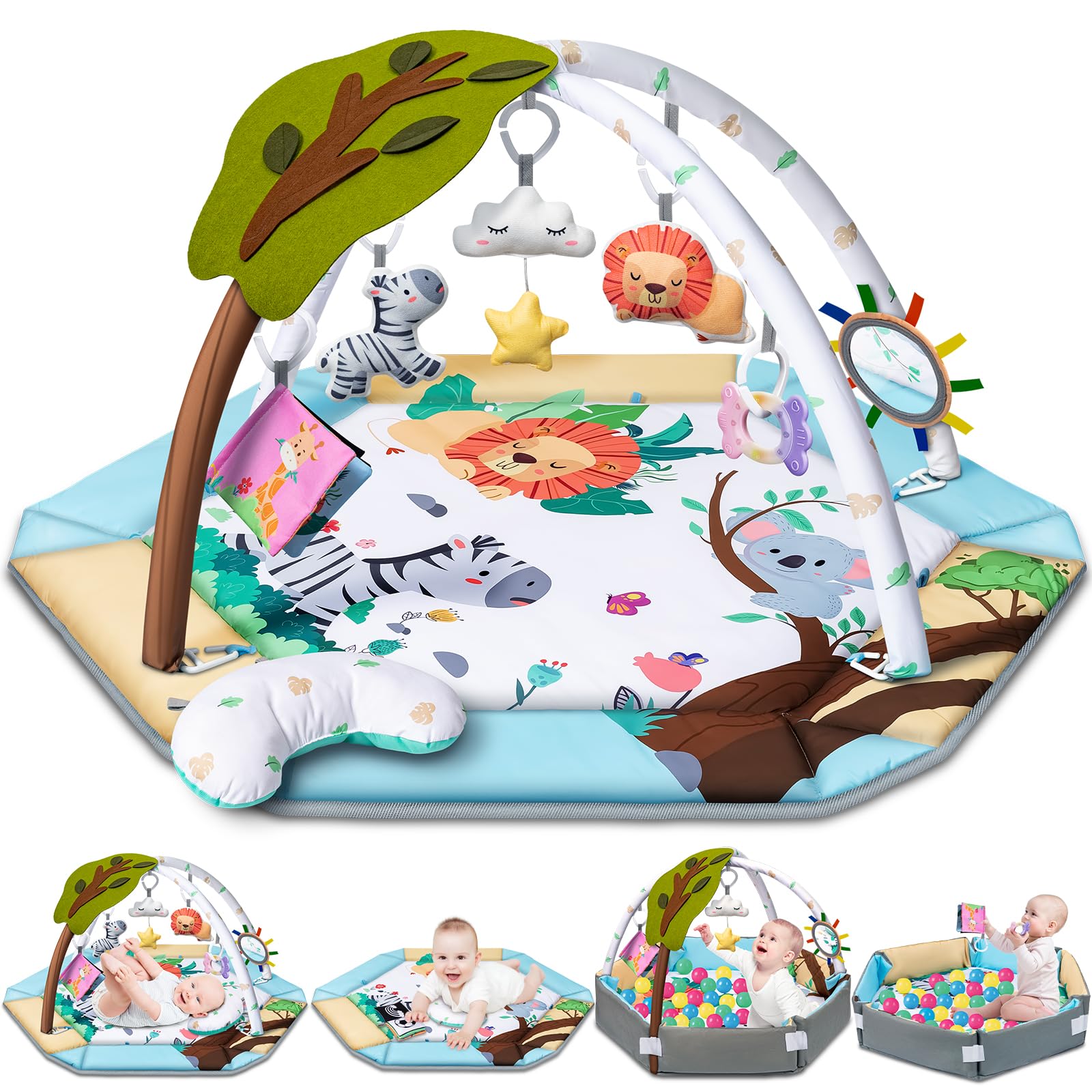 Baby Gym Play Mat, 8-in-1 Tummy Time Mat & Ball Pit with 6 Toys,