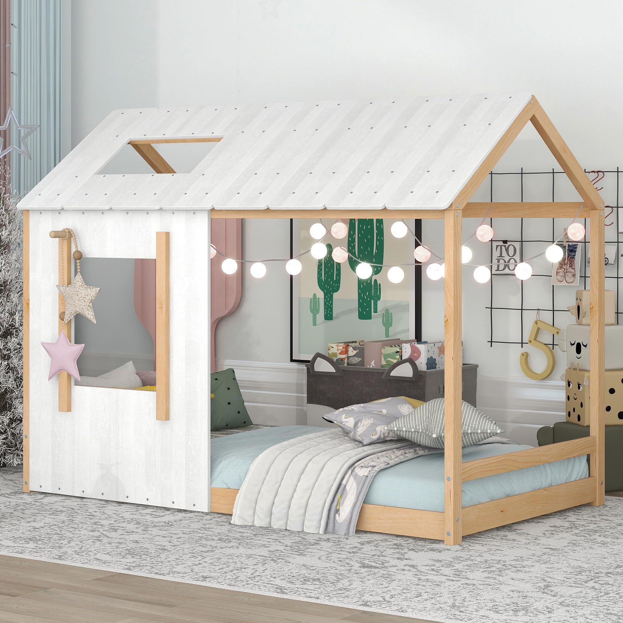Twin Size Montessori Bed Frame, Twin Size House Floor Bed Frame with Headboard