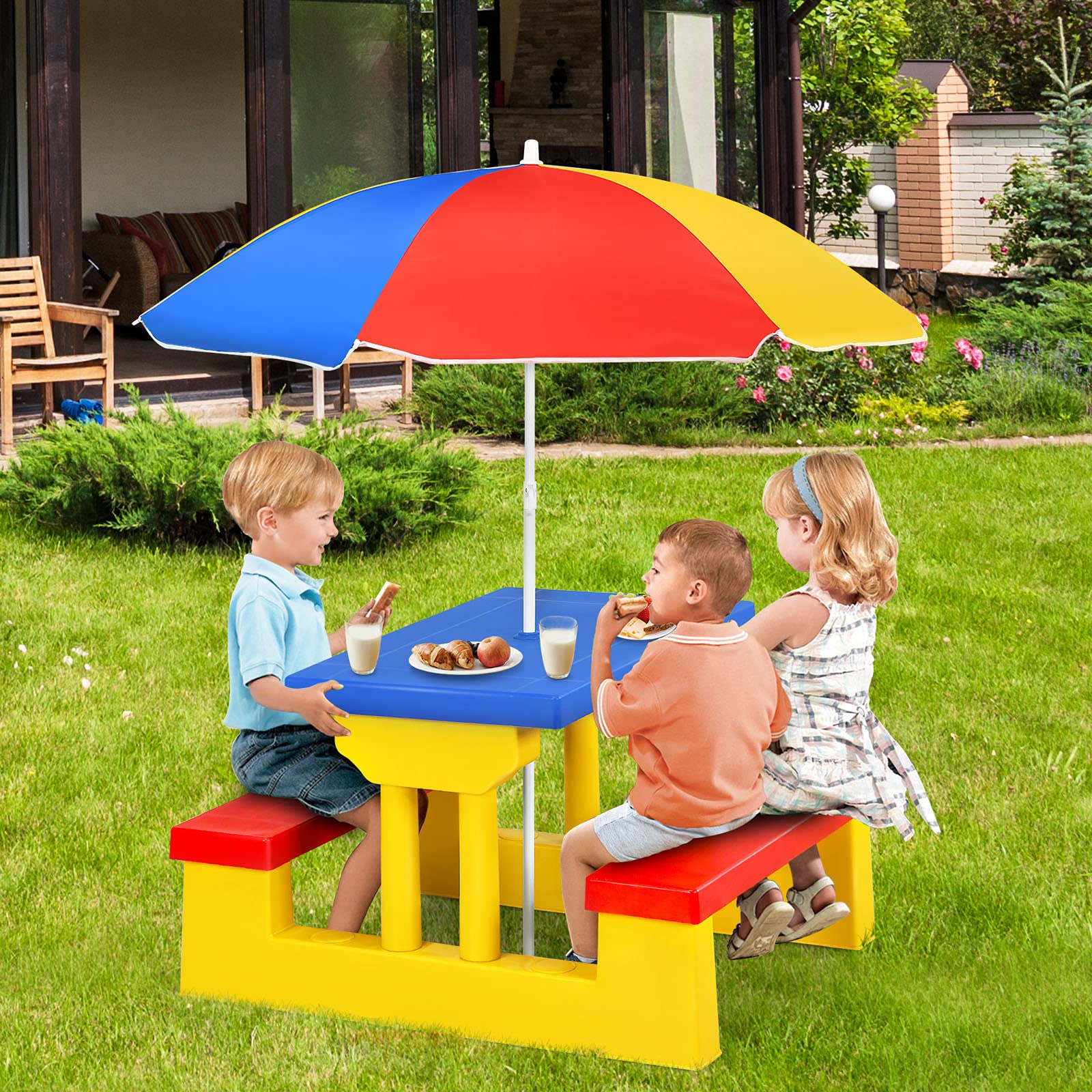 Kids Picnic Table, Toddler Plastic Outdoor Table & Bench Set with Umbrella