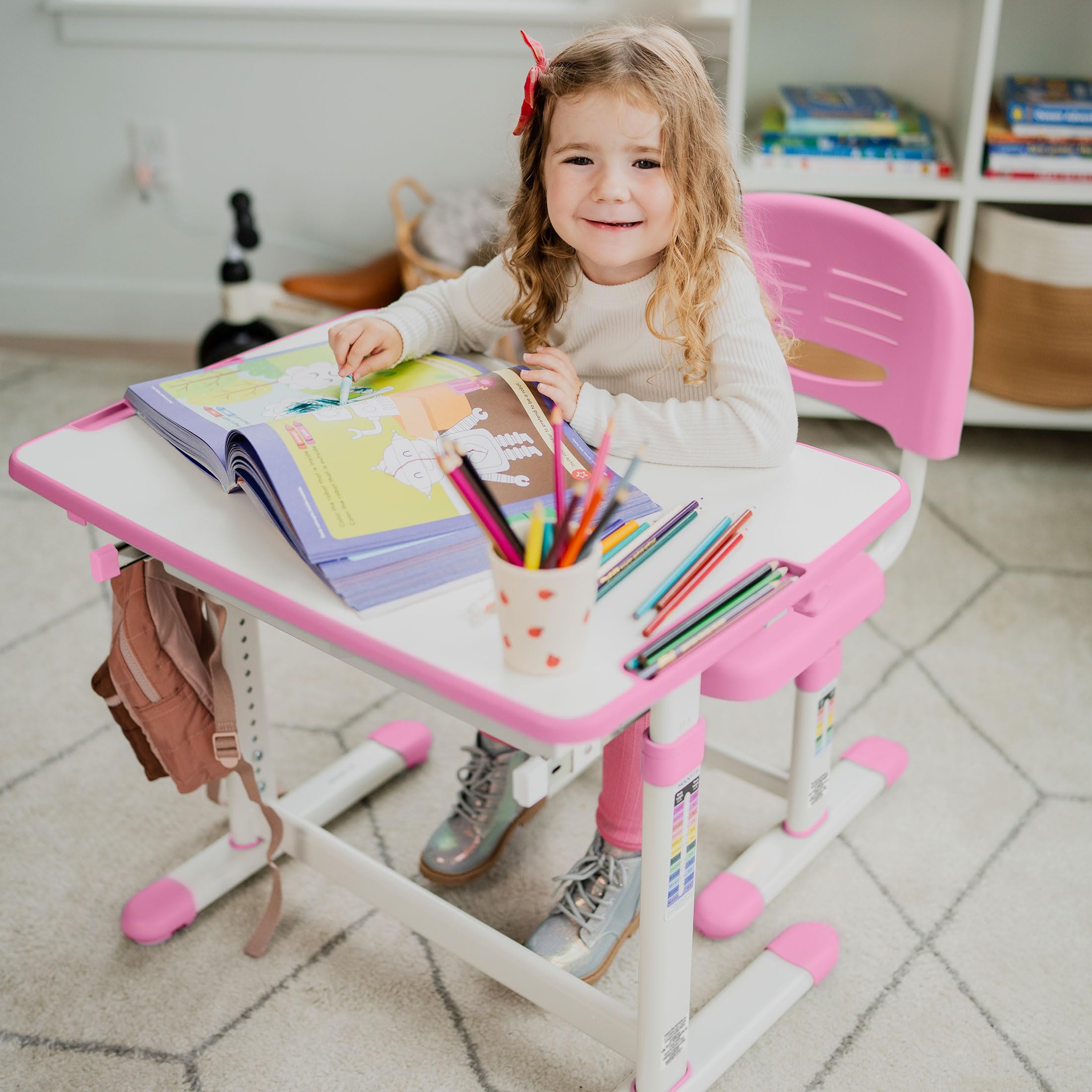 Kids Desk and Chair Set, Height Adjustable Sturdy, Girl Desk