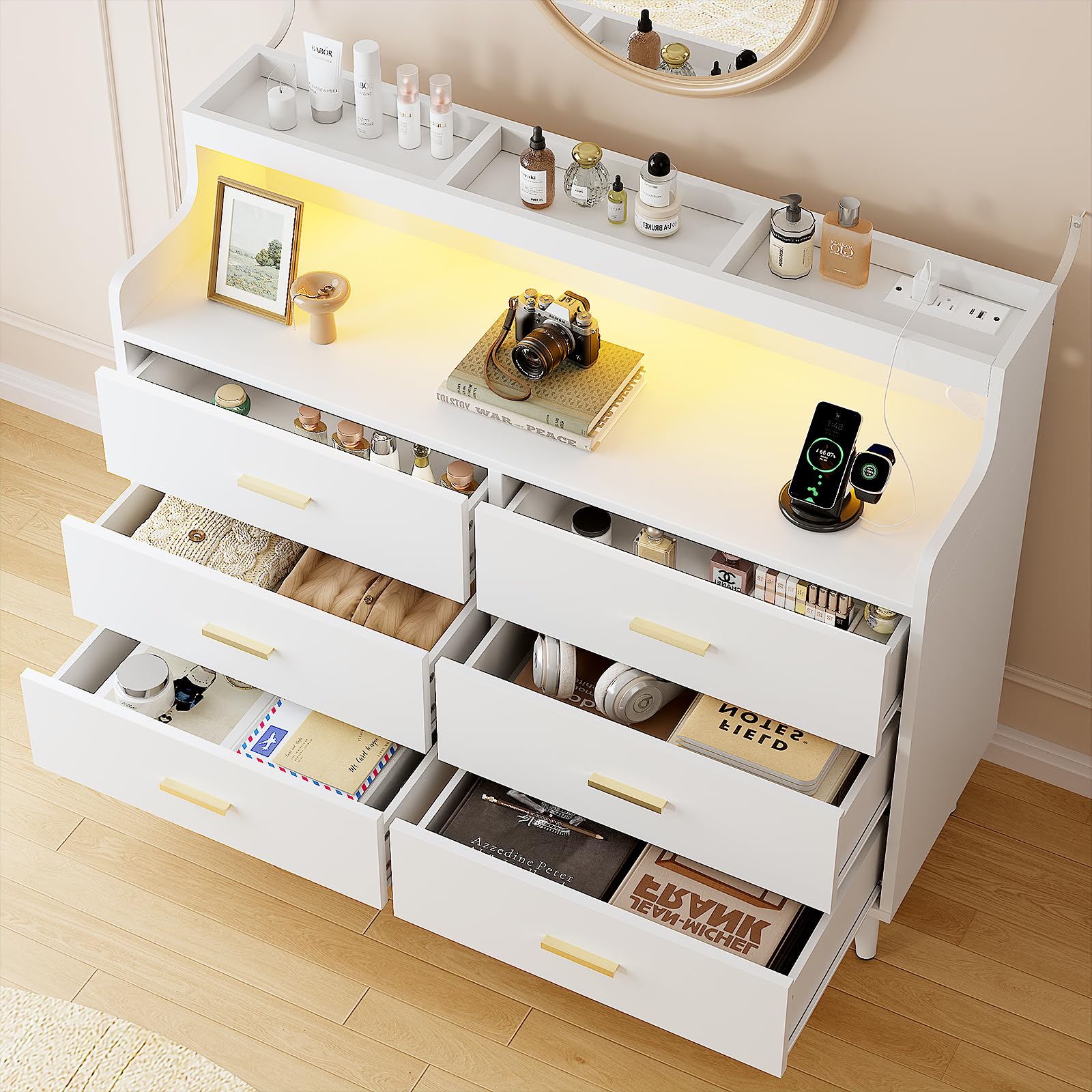 Wooden Dresser with Charging Station and LED Lights