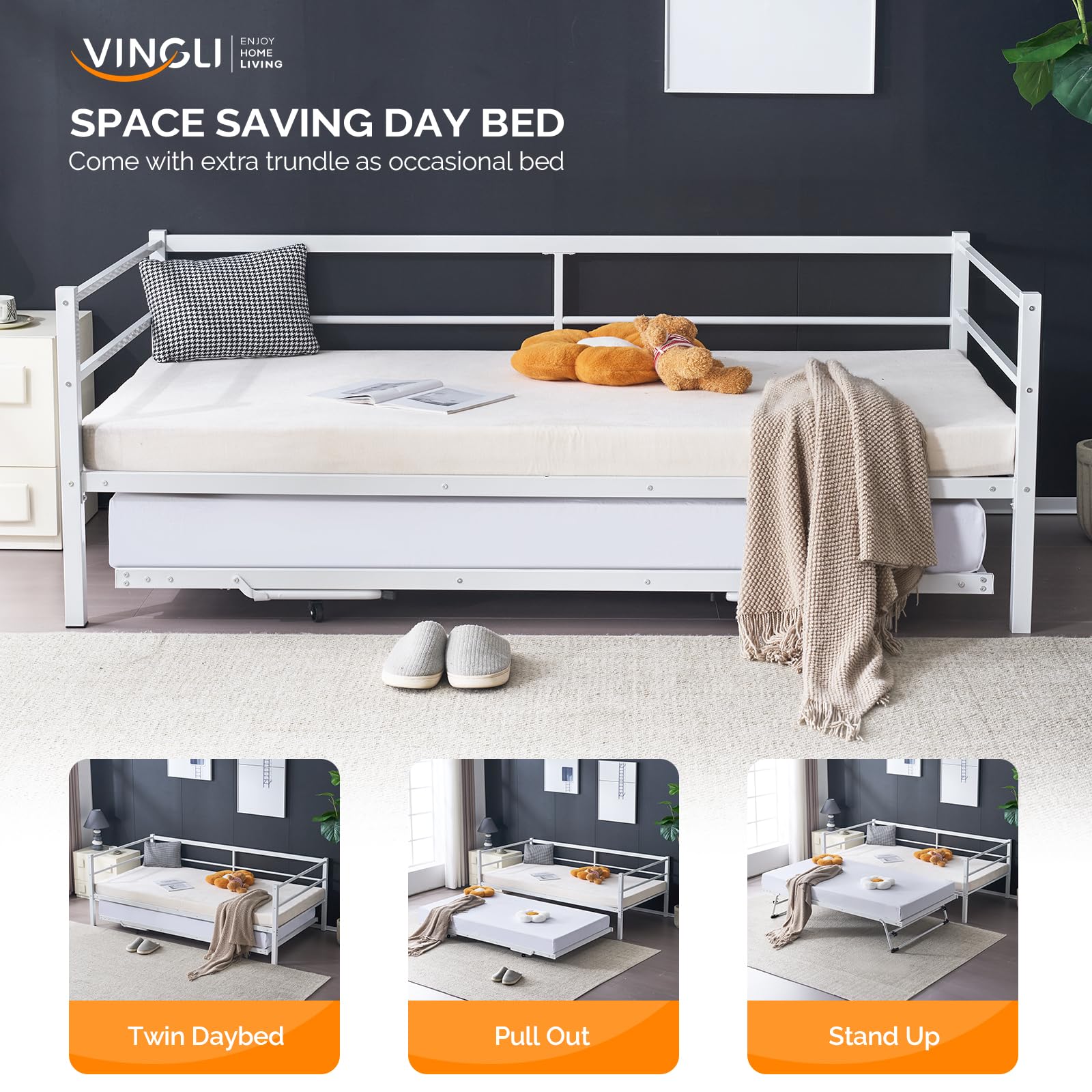 Metal Daybed with Pop Up Trundle Twin Bed Frame