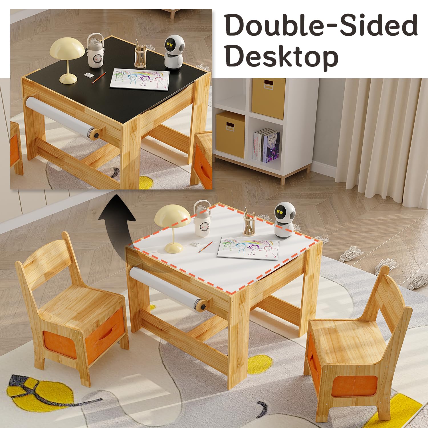 Solid Wood Kids Table and Chair Set with Storage