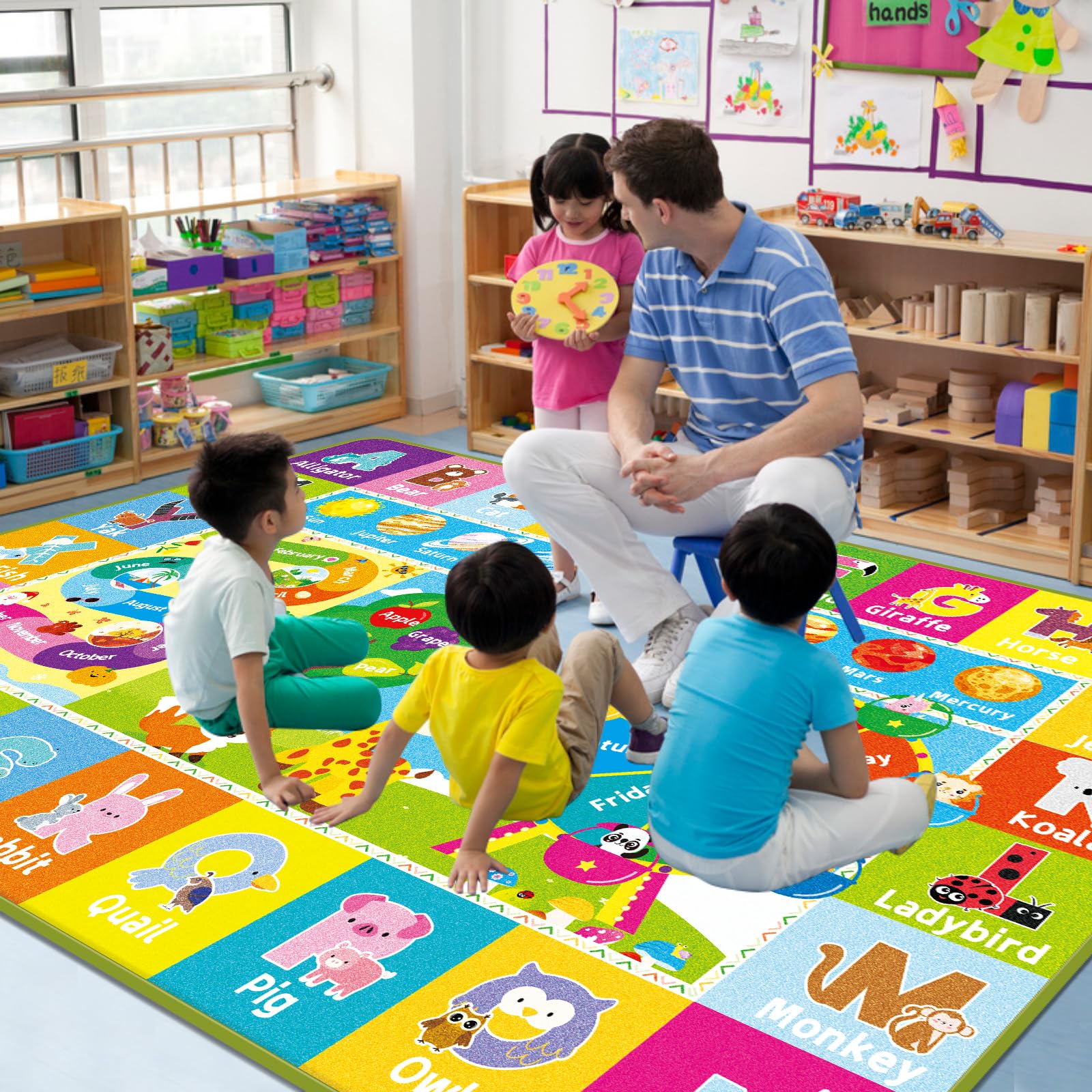 Kids ABC Educational Rug for Playroom & Classroom - Animal, Fruit, Planet Learning Rug