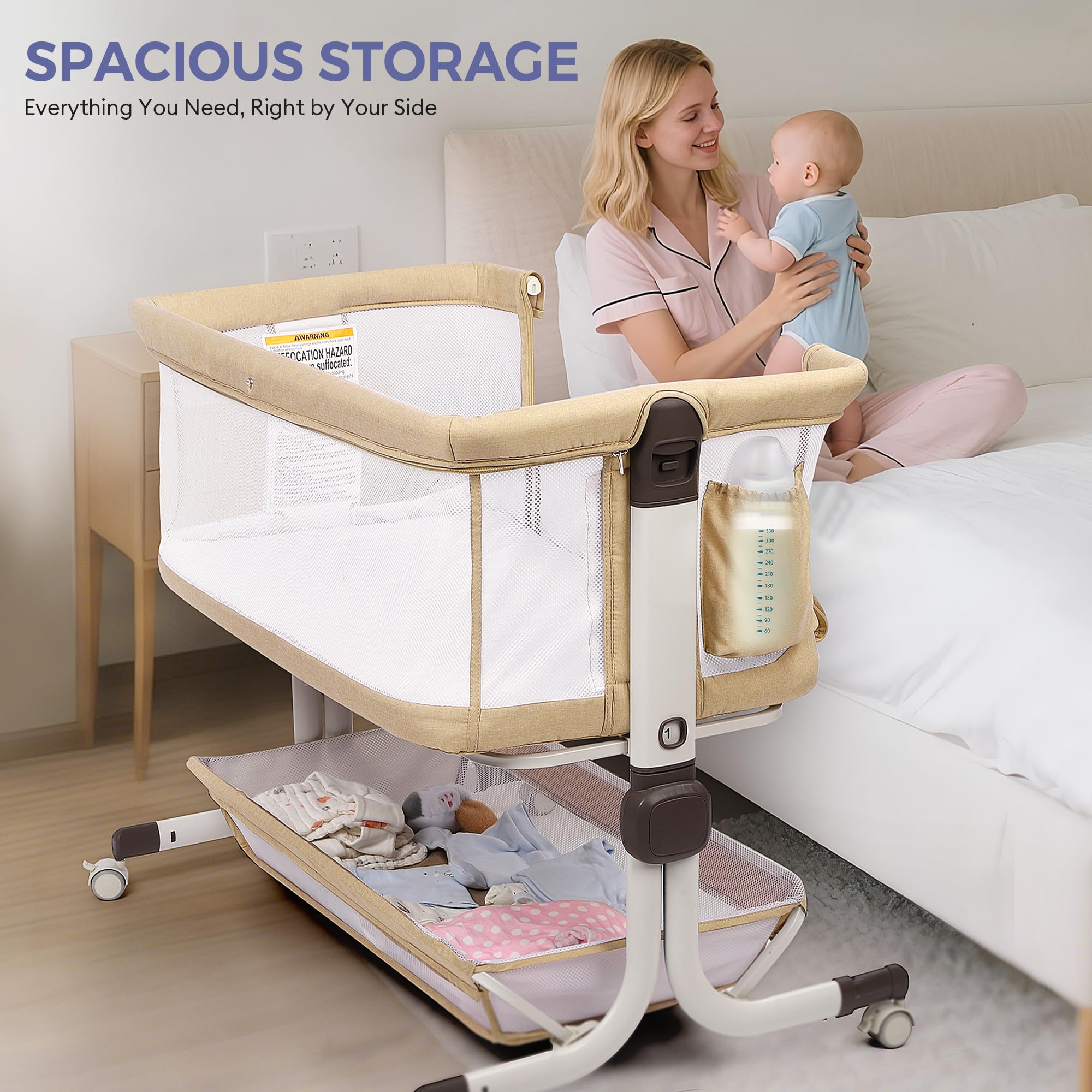 Bedside Bassinet with Mesh Sides and Height Adjustment