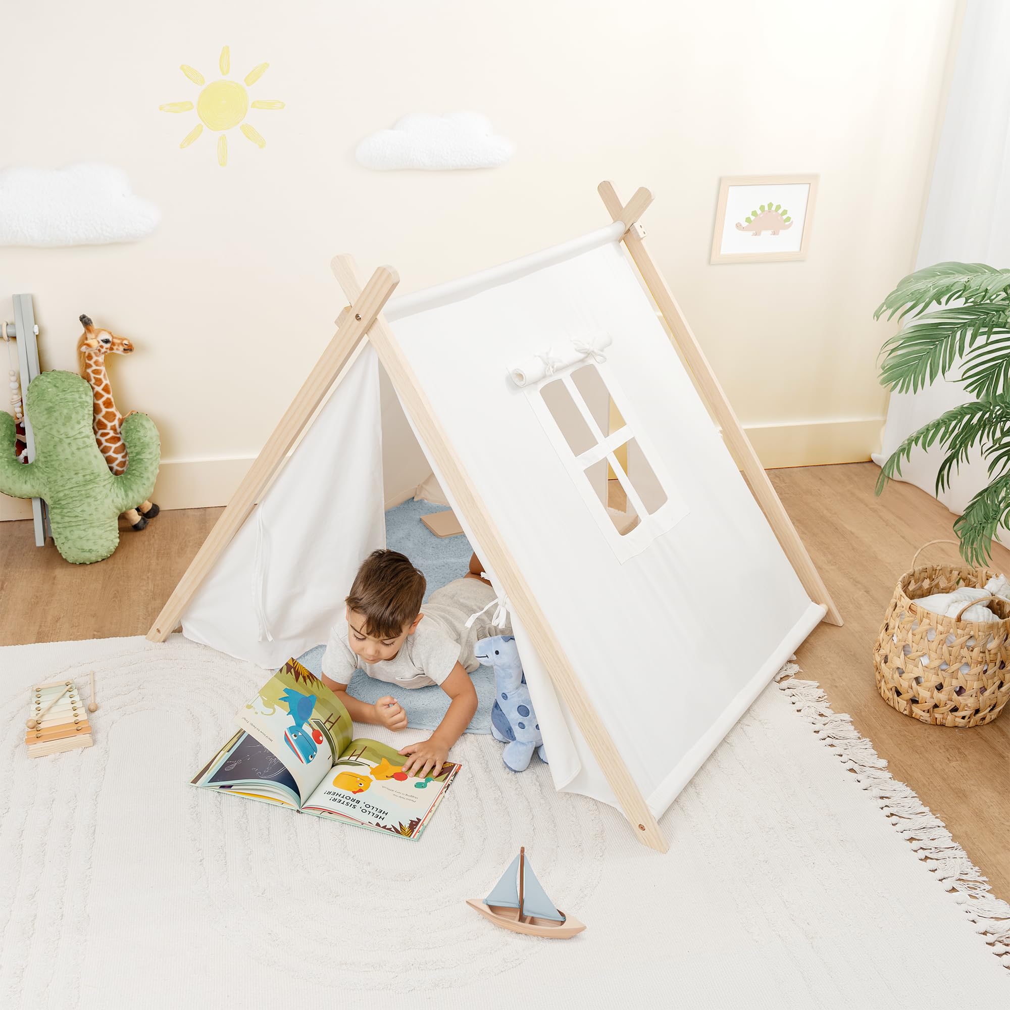 Kids Cotton Teepee Play Tent Natural Wood