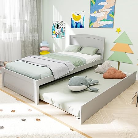 Twin Trundle Bed, Solid Wooden Pull Out Bedframe