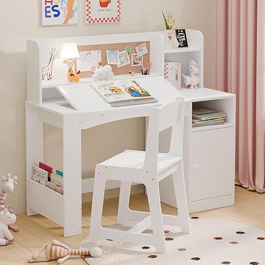 Kids Study Desk with Chair and Tiltable Desktop, Kids Stud Des and Chair Set