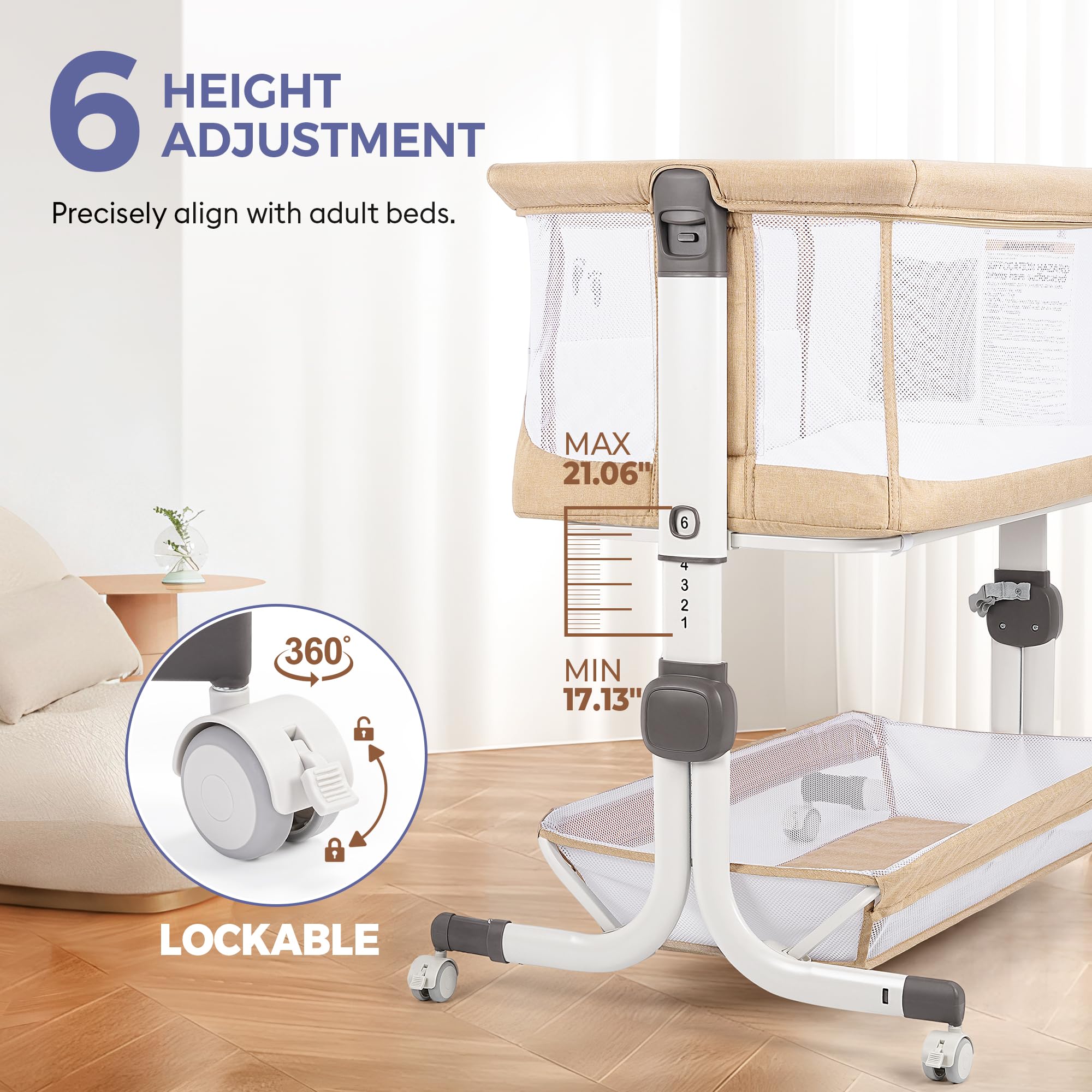 Bedside Bassinet with Mesh Sides and Height Adjustment