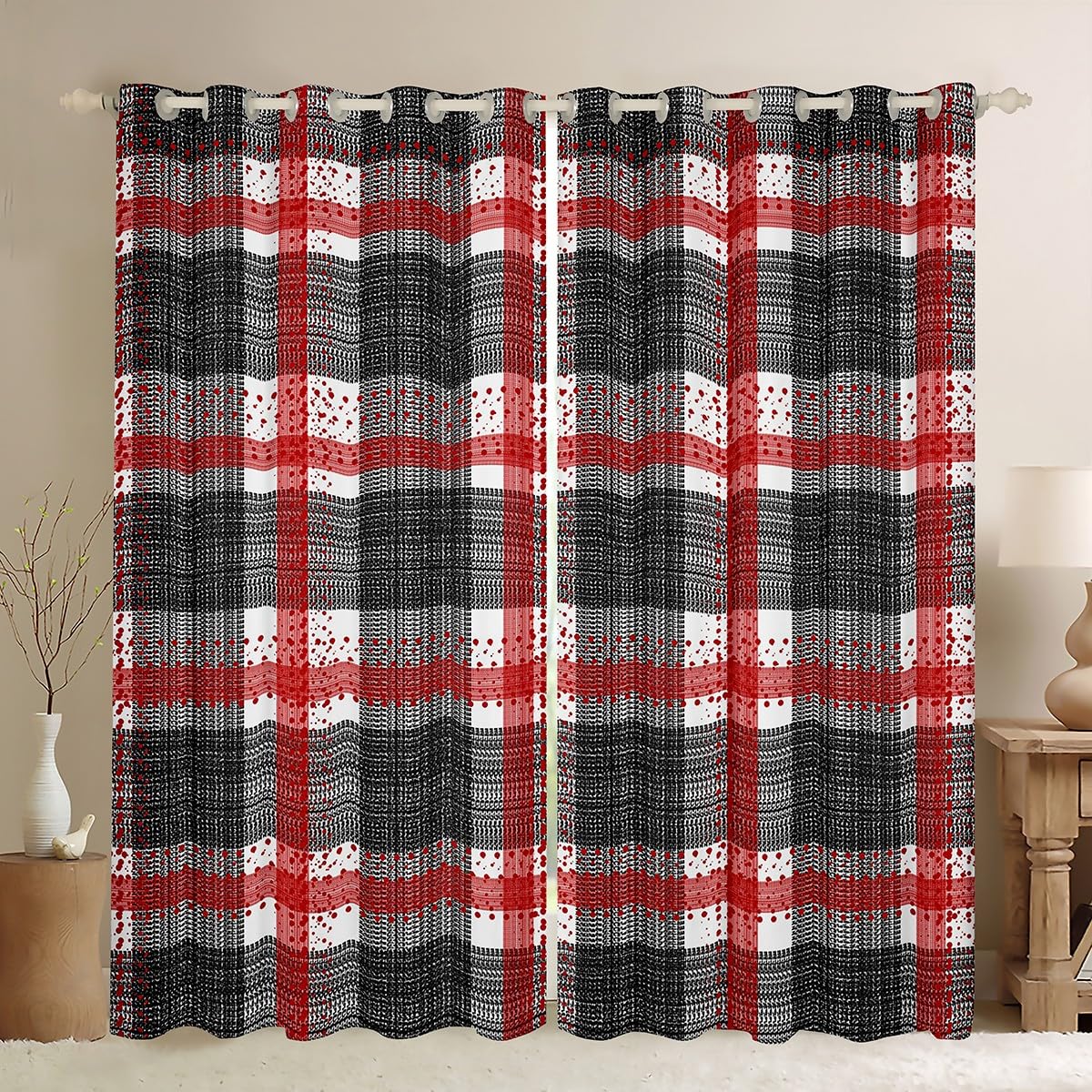 Geometric Lattice Kids Darkening Drapes Bedroom Red Plaid