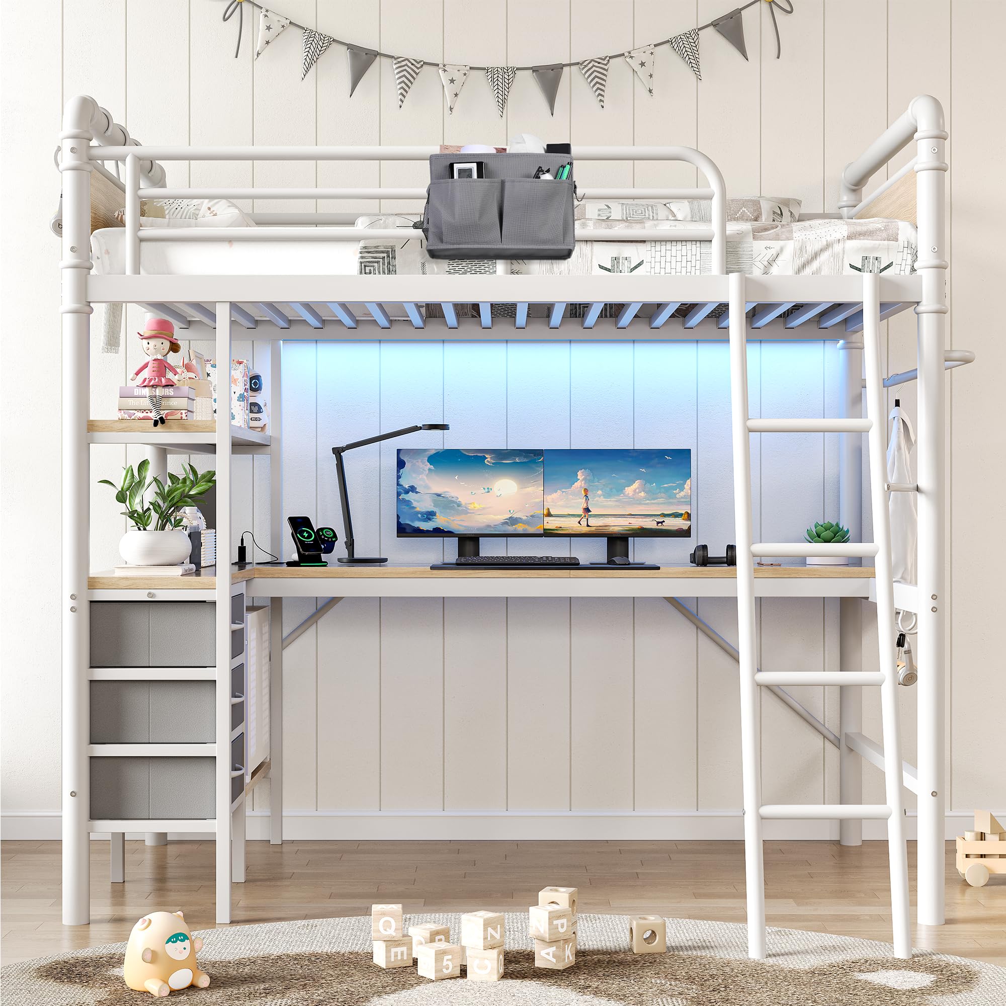 Twin Size Heavy Duty Metal Loft Bed with L-Shaped Desk