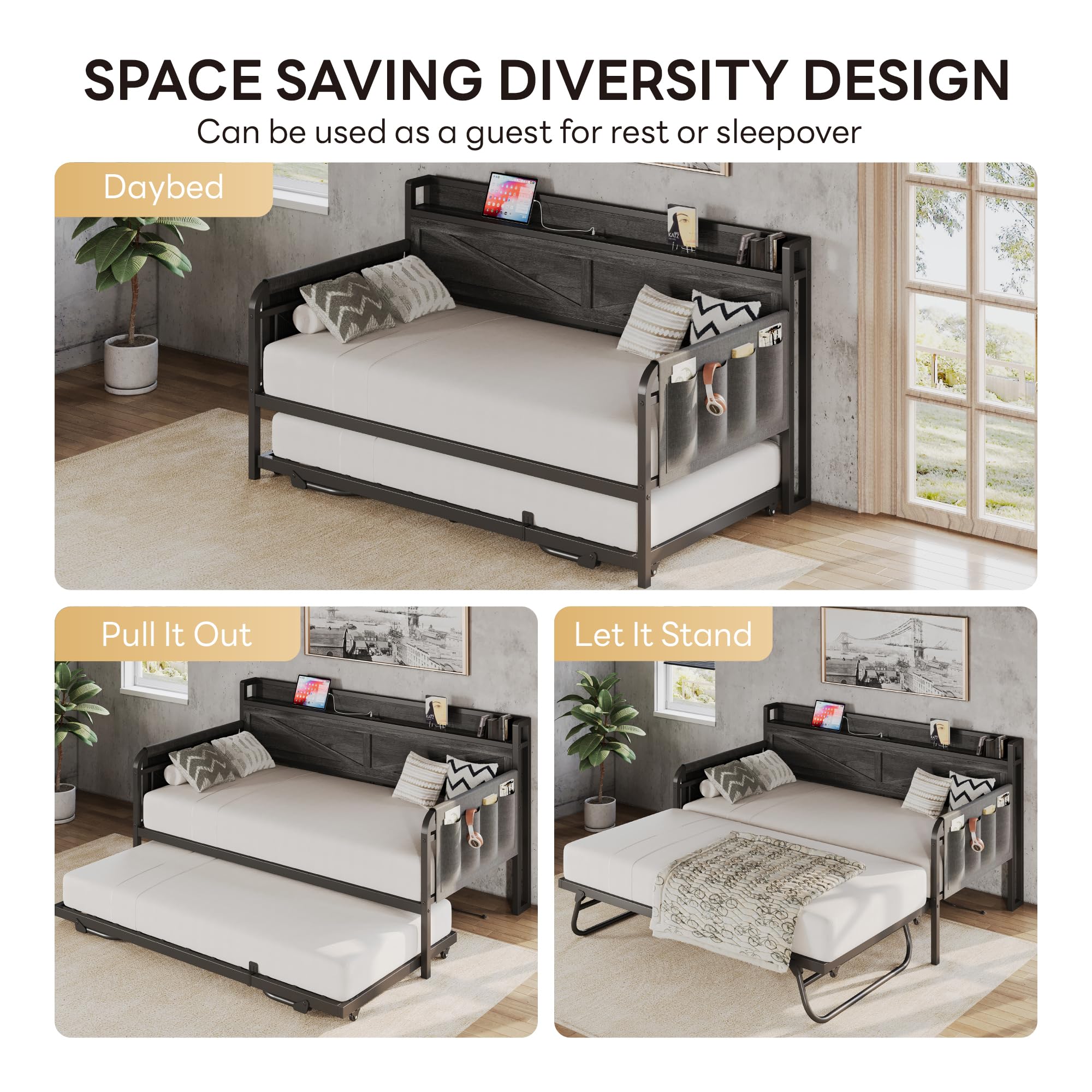 Twin Daybed with Trundle and Storage Headboard