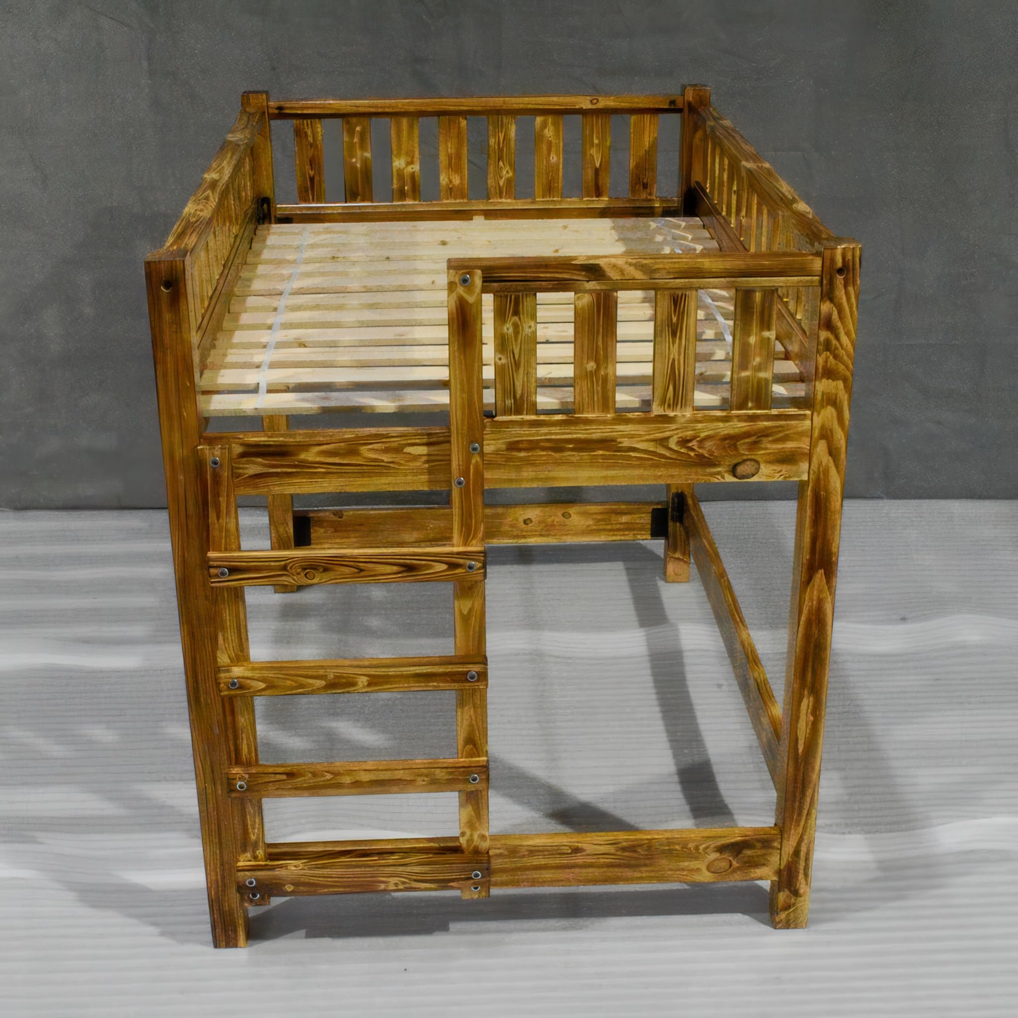 Farmhouse Wood Loft Bed Frame, Full Size - Torched Pine, Rustic