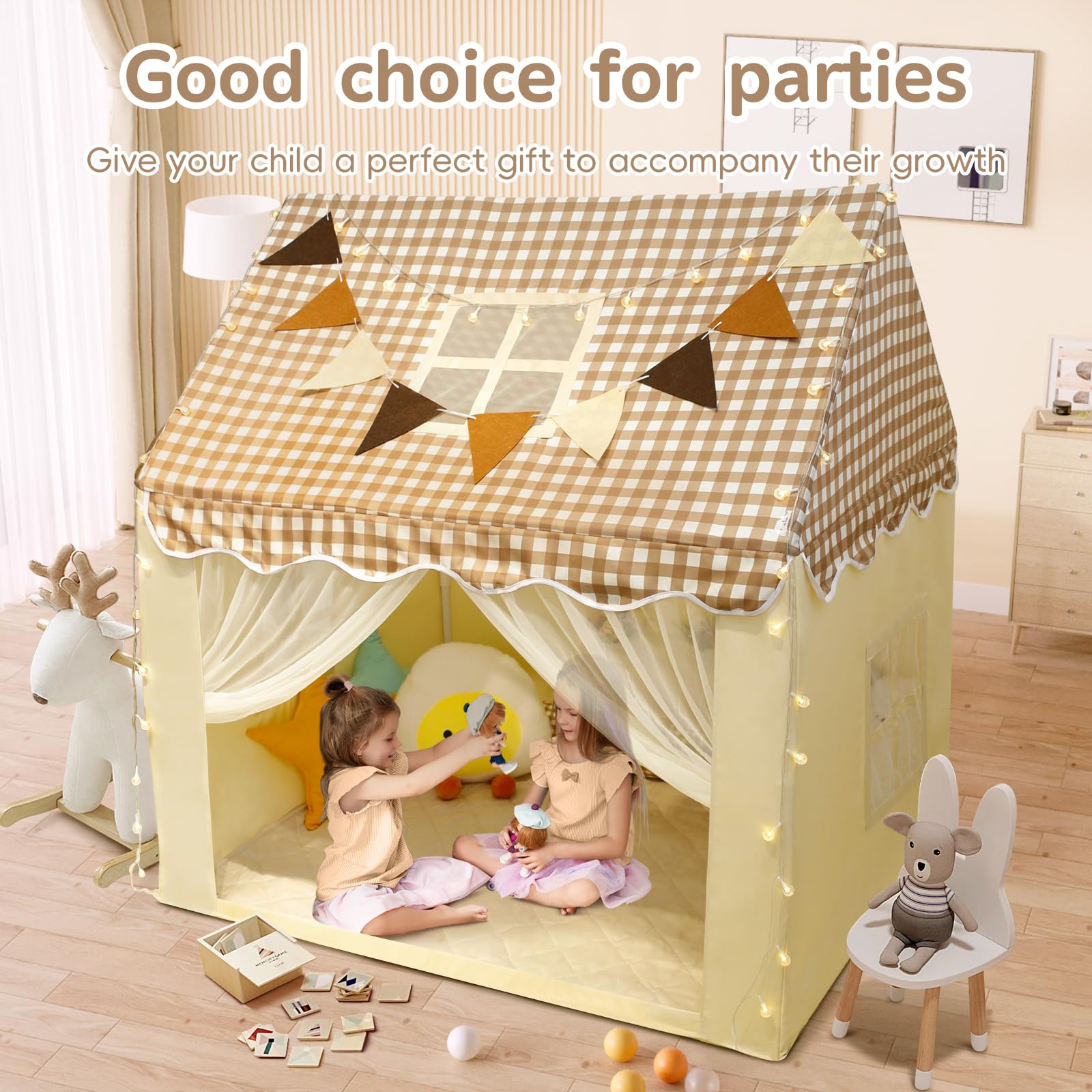 Kids Tent, Play Tent with Star Lights, Large Play Tents with 2 Windows, Kids Playhouse Indoor & Outdoor, Reading Nook, Christmas Toddler Tents for Girls & Boys, 52" x35" x 51", Gray
