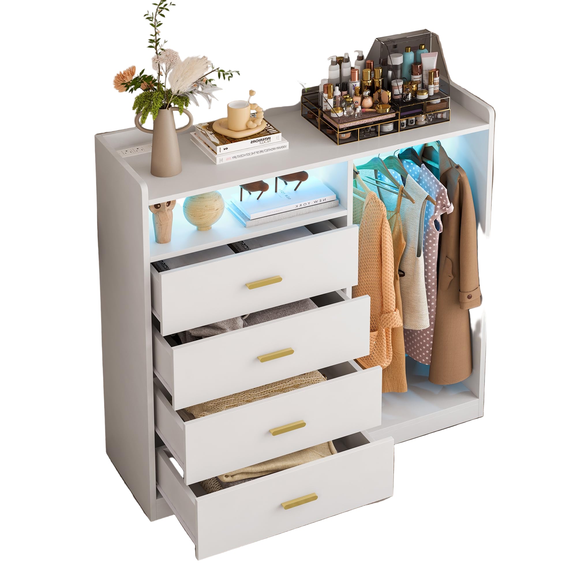 Dresser with Clothes Rack for Bedroom Wood, 4 Drawer Dresser White