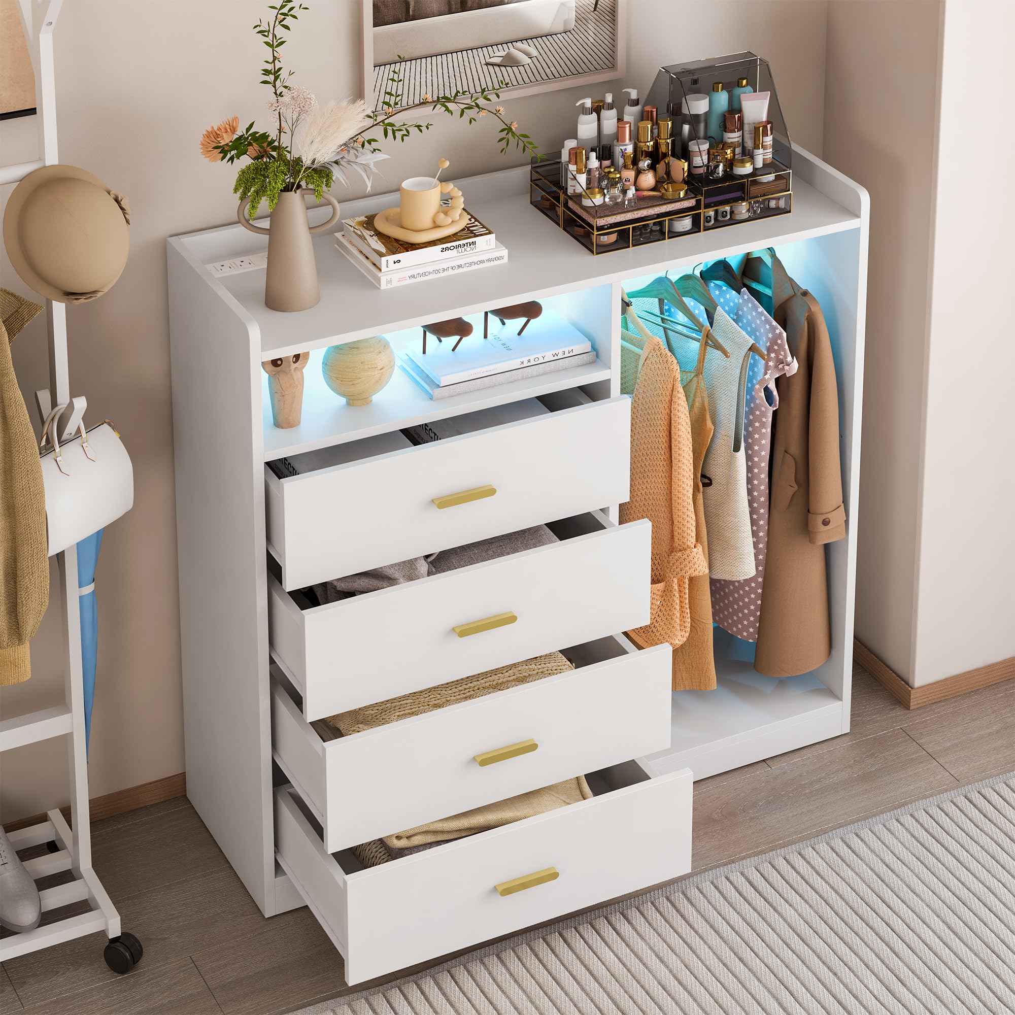 4 Drawer Dresser with Clothes Rack LED Lights and Charging Station