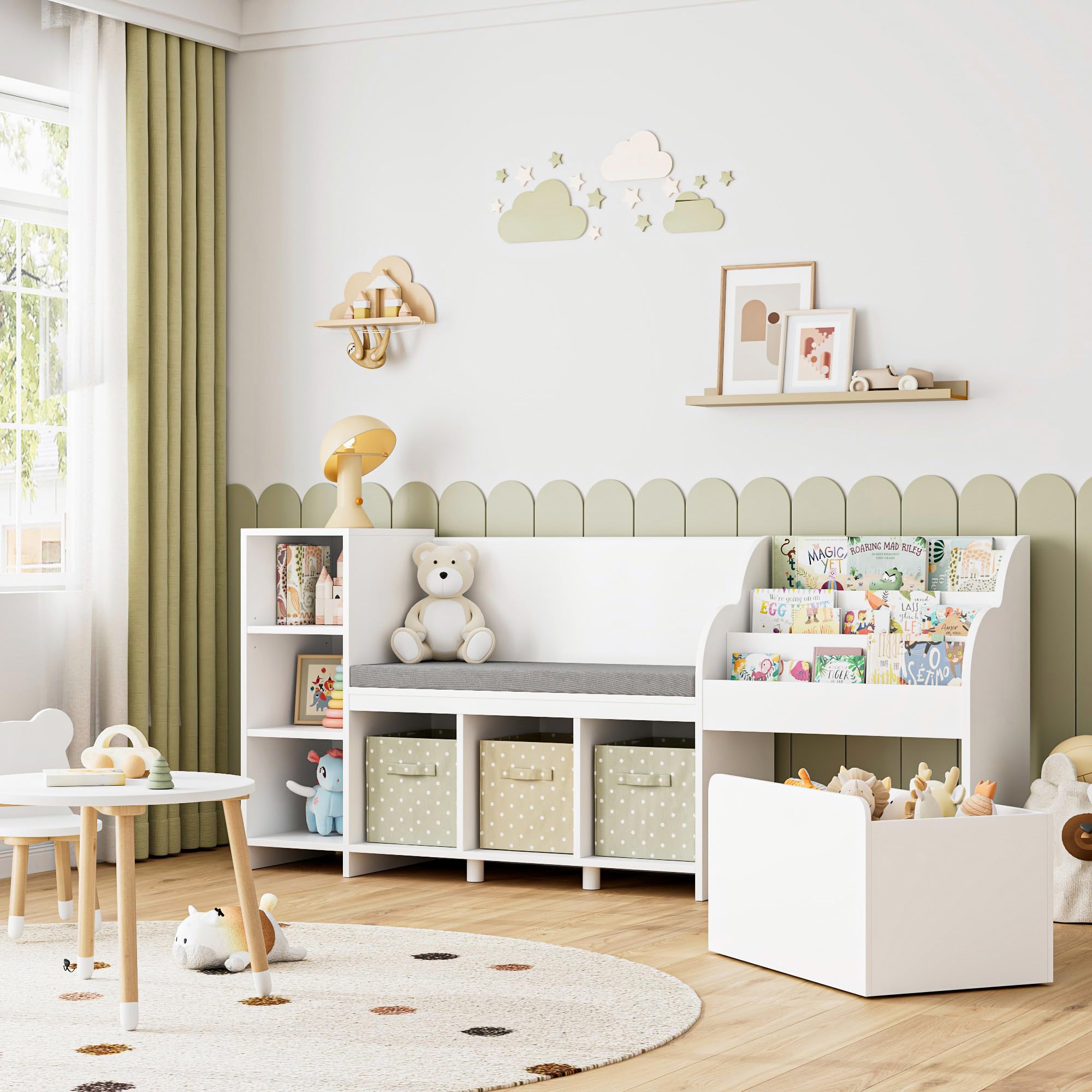 67" Kids Reading Nook with Bench, Kids Bookshelf and Bookcase s, Toy Storage Box on Wheels, Toy Chest for Playroom, Bedroom, School, White