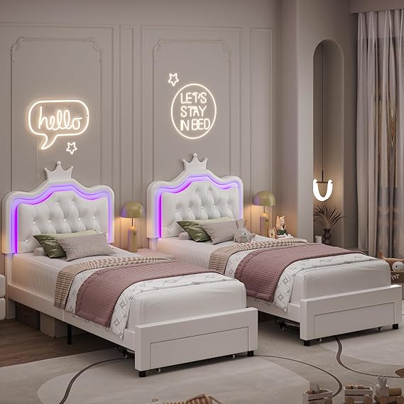 2 Set Twin Upholstered LED Bed Frame with Storage Drawer for Kid