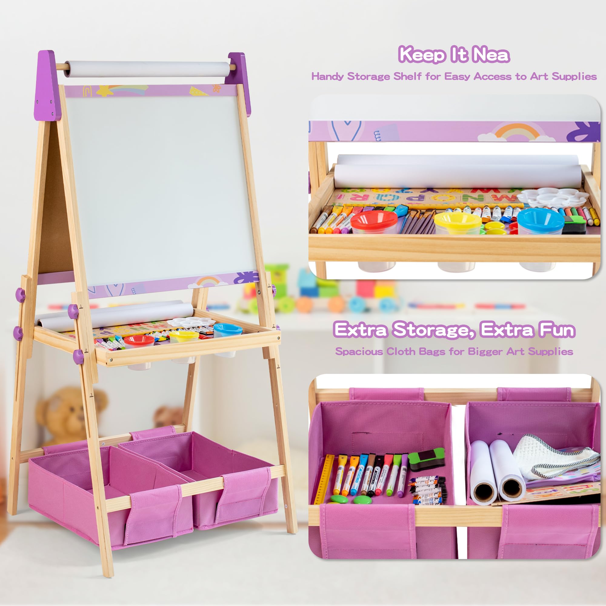 3-in-1 Adjustable Kids Art Easel Set, Height Adjustable Magnetic Whiteboard & Chalkboard with Painting Paper Roll, Wooden Dual-Sided Art Station for Toddlers & Children Ages 3+, Art Supplies Included