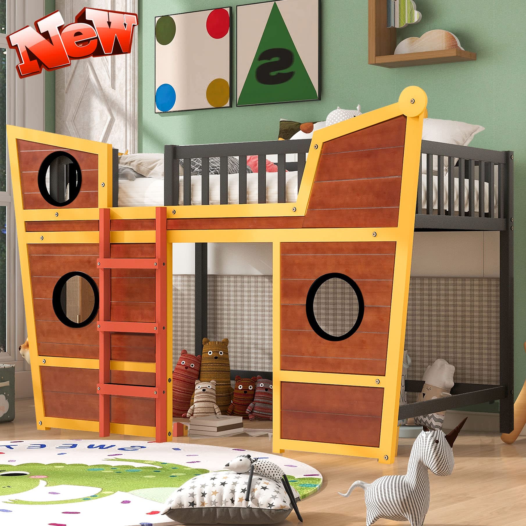 Full Size Low Loft Bed with Boat Design and Safety Rail
