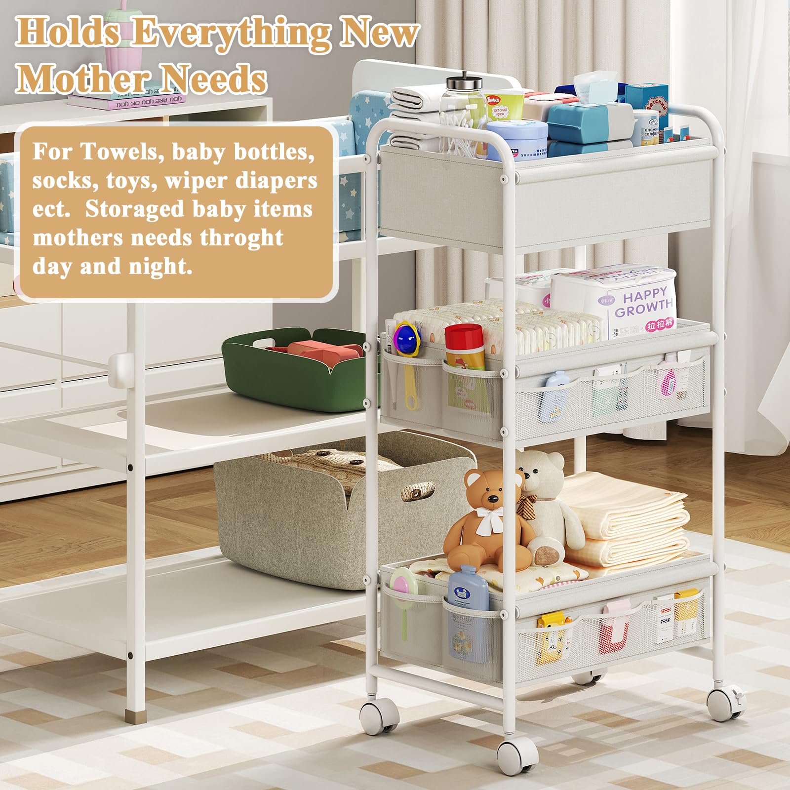 3-Tier Baby Diaper Caddy Cart Organizer,Mobile Nursery