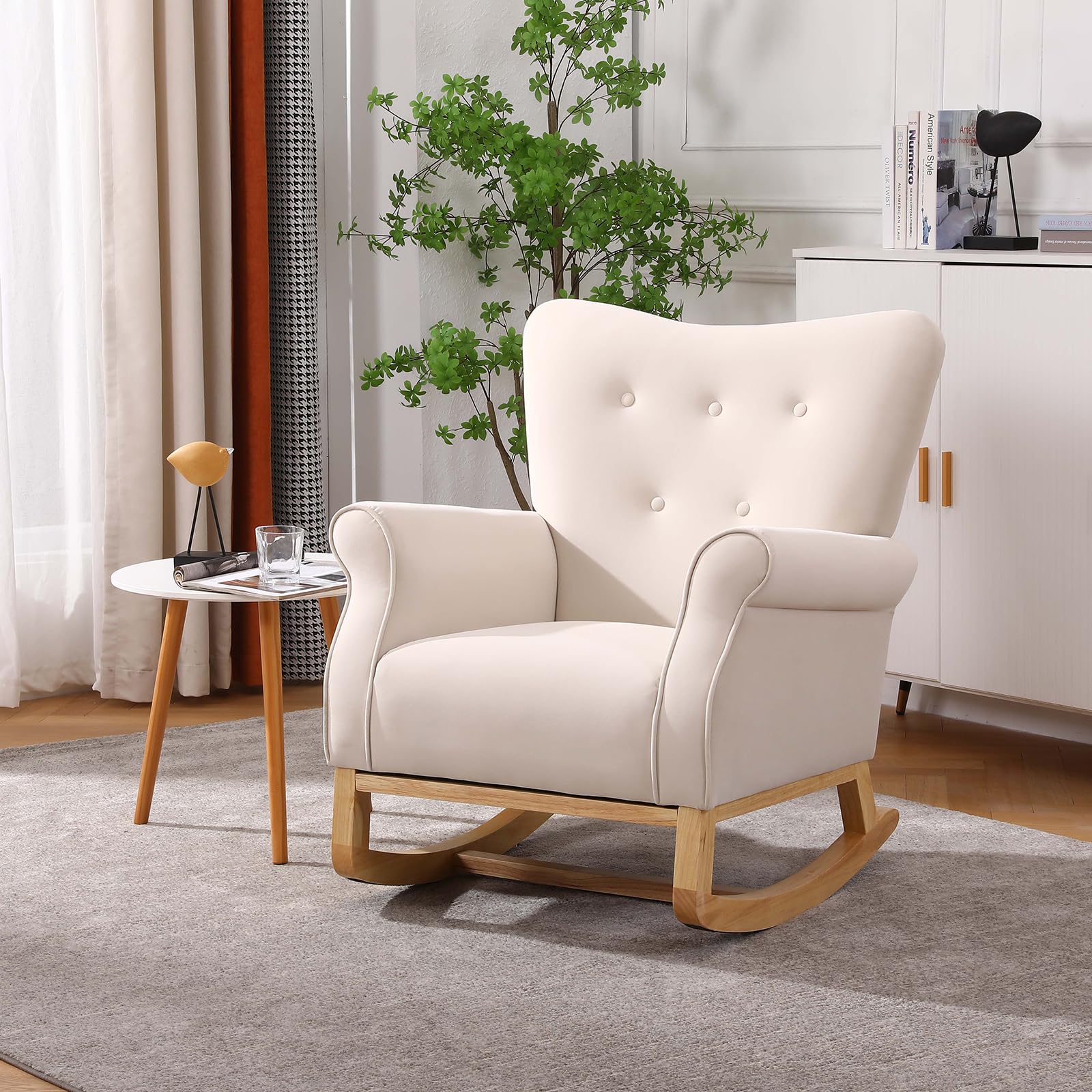 Velvet Nursery Glider Rocking Chair with Solid Wood Legs