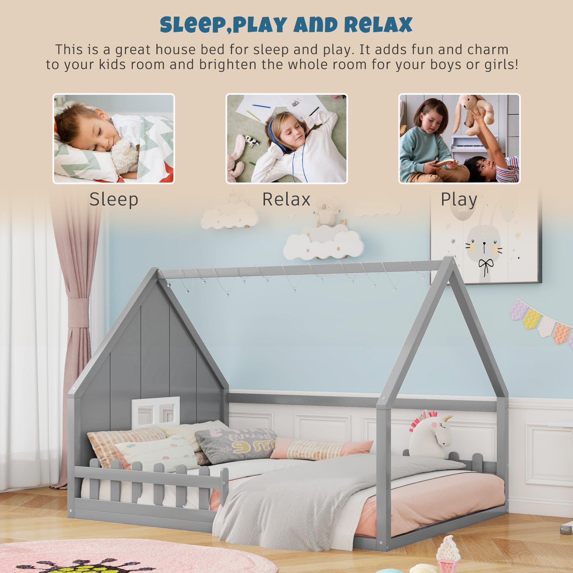 Full Size Montessori House Bed for Kids with LED Light