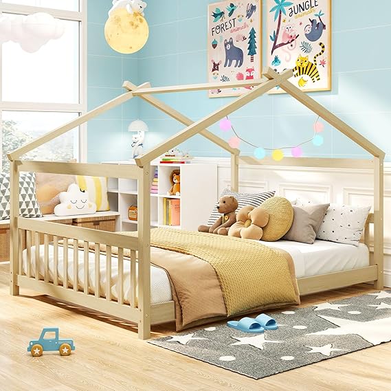 Full Size Floor Bed, Solid Wood Montessori House Bed with Roof