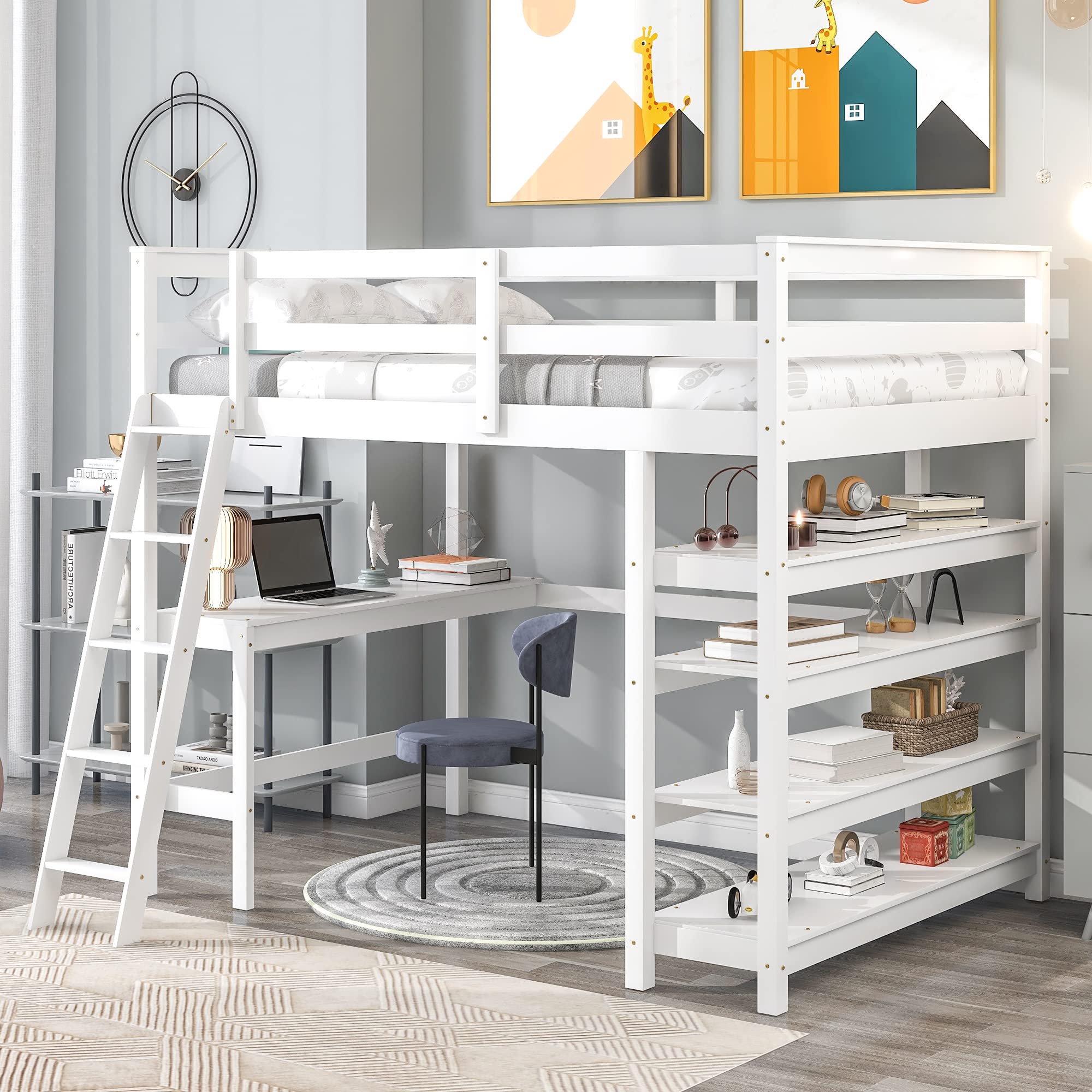Full Loft Bed with Desk and Storage Shelves, Solid Loft Bed Frame