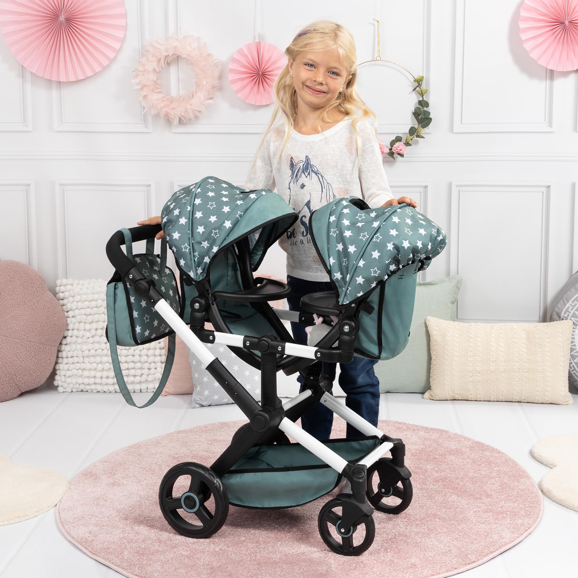 Pram Xeo Twin - Green & White Stars - Seats 2 Dolls Up to 18", Shoulder Bag