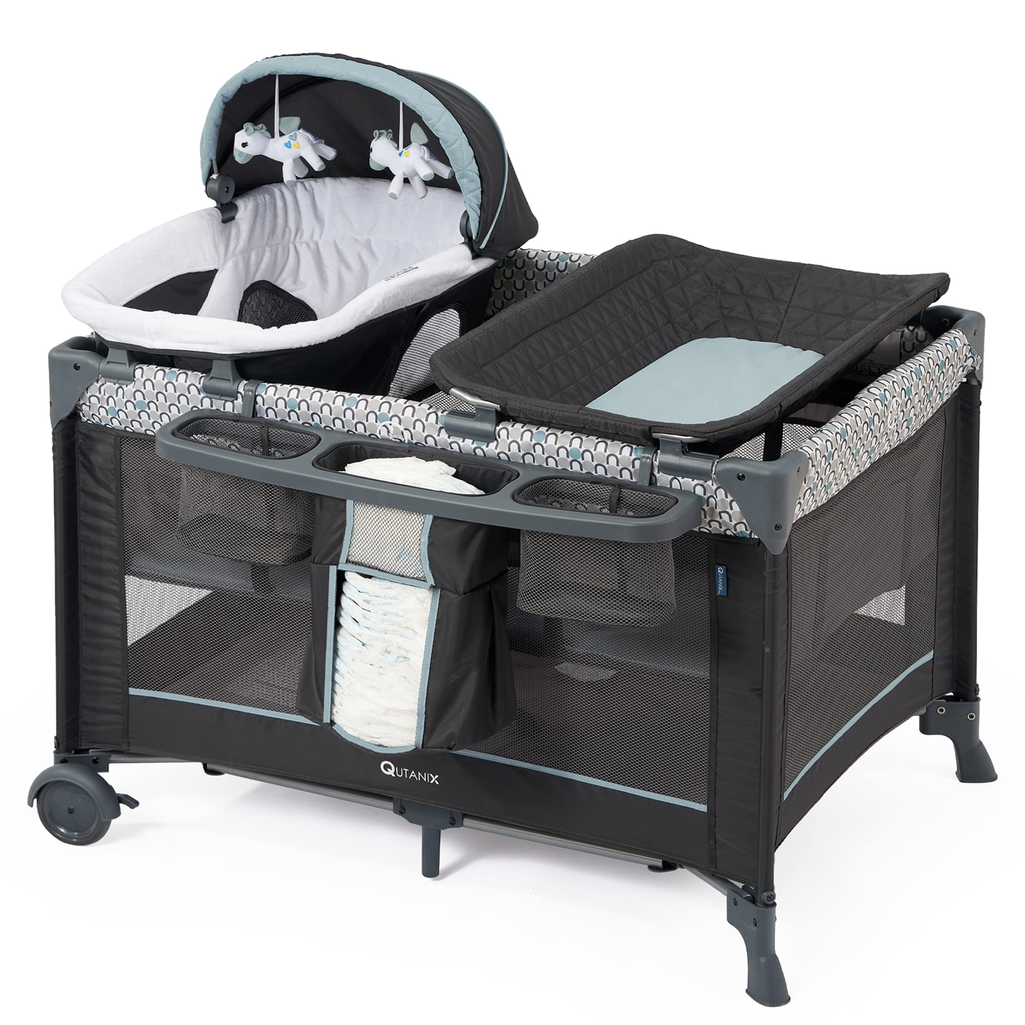 5 in 1 Multifunctional Pack and Play,Qutanix Foldable Baby Crib with Bassinets