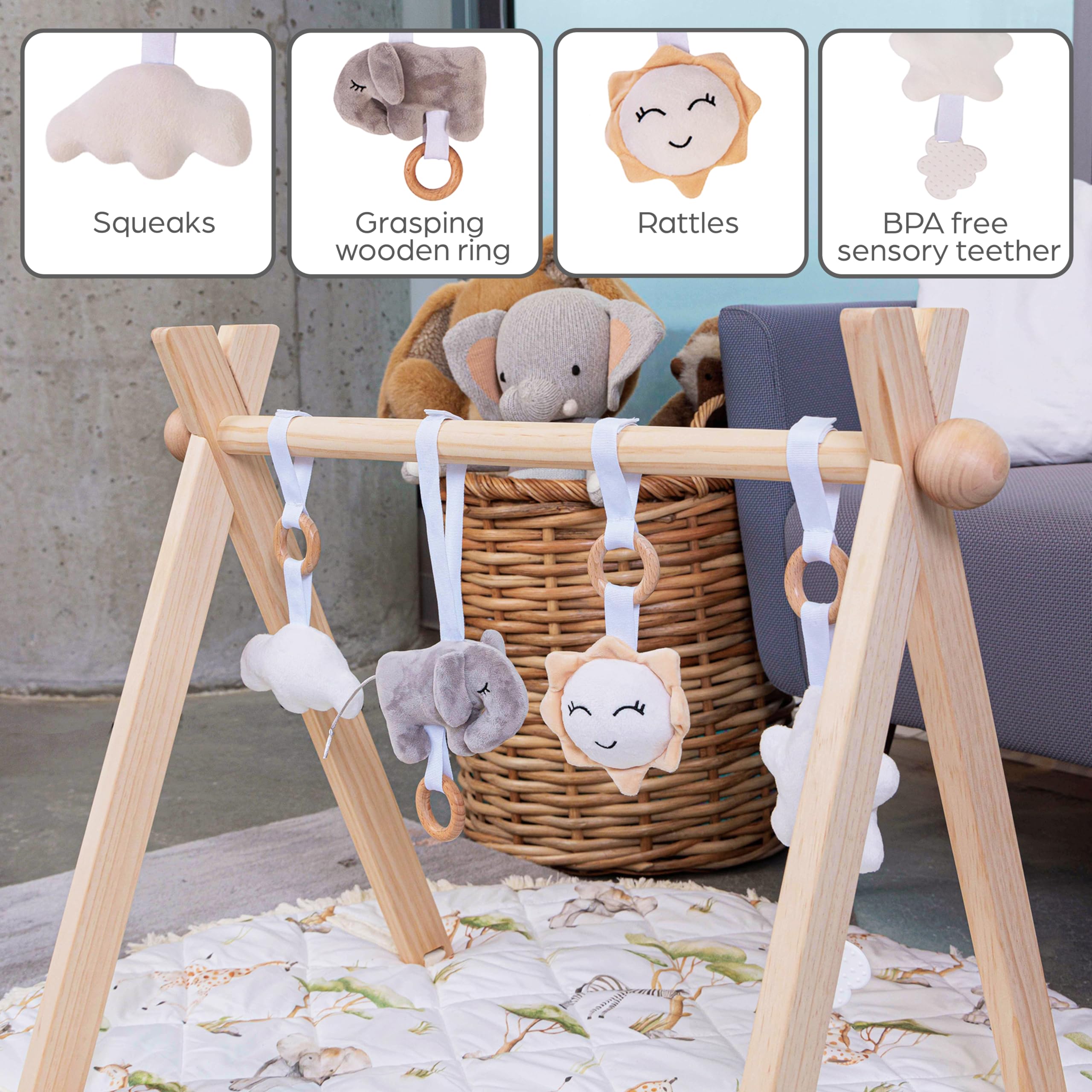 Wooden Baby Play Gym with Washable Mat