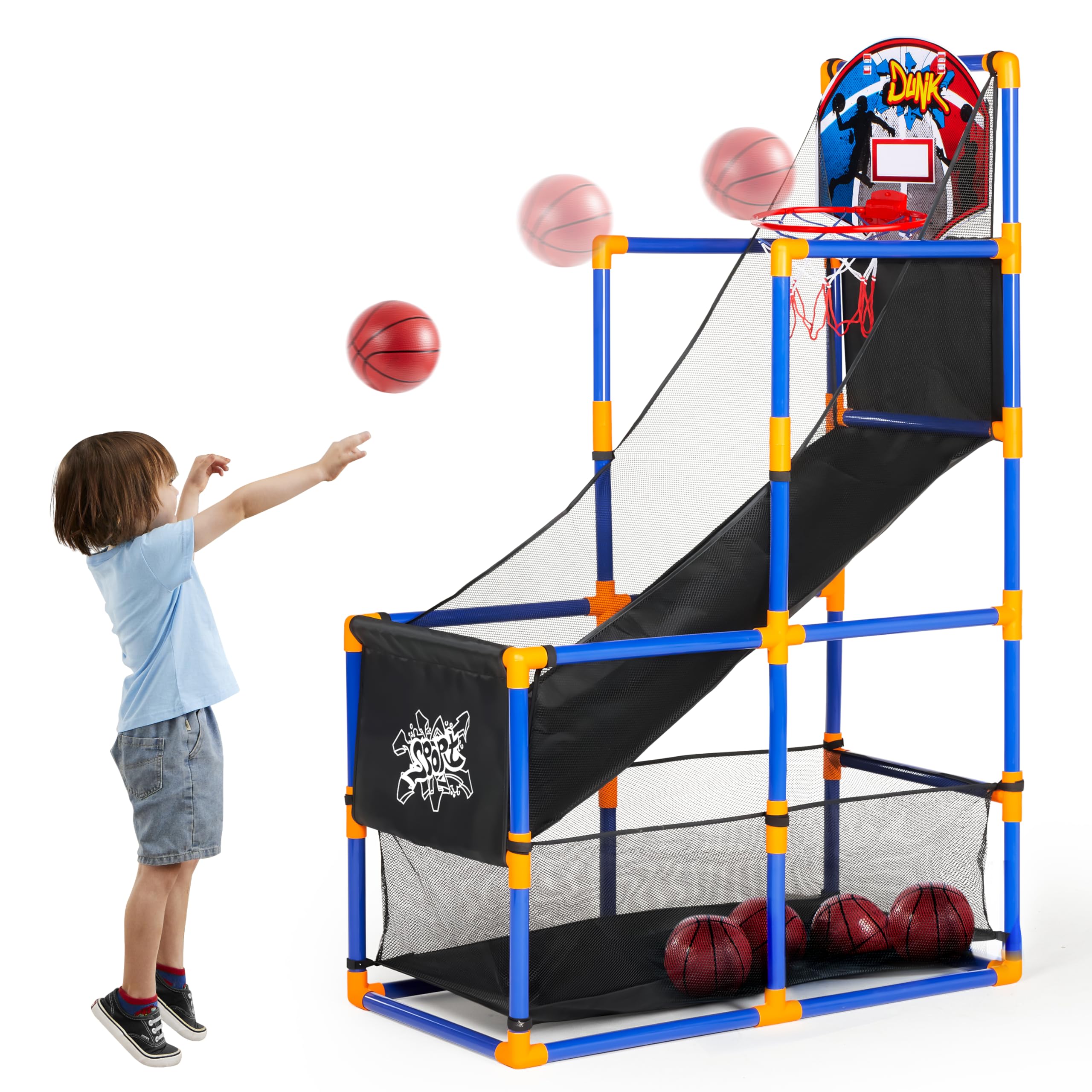 Arcade Basketball Game Set with 4 Balls and Hoop for Kids 3 to 12 Years Old