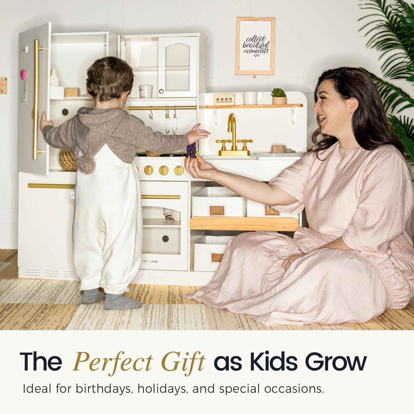 Tiny Land Wooden Toy Fridge with Spacious Storage, Realistic Play Kitchen Refrigerator for Kids’ Pretend Play with Three Freezer Magnets