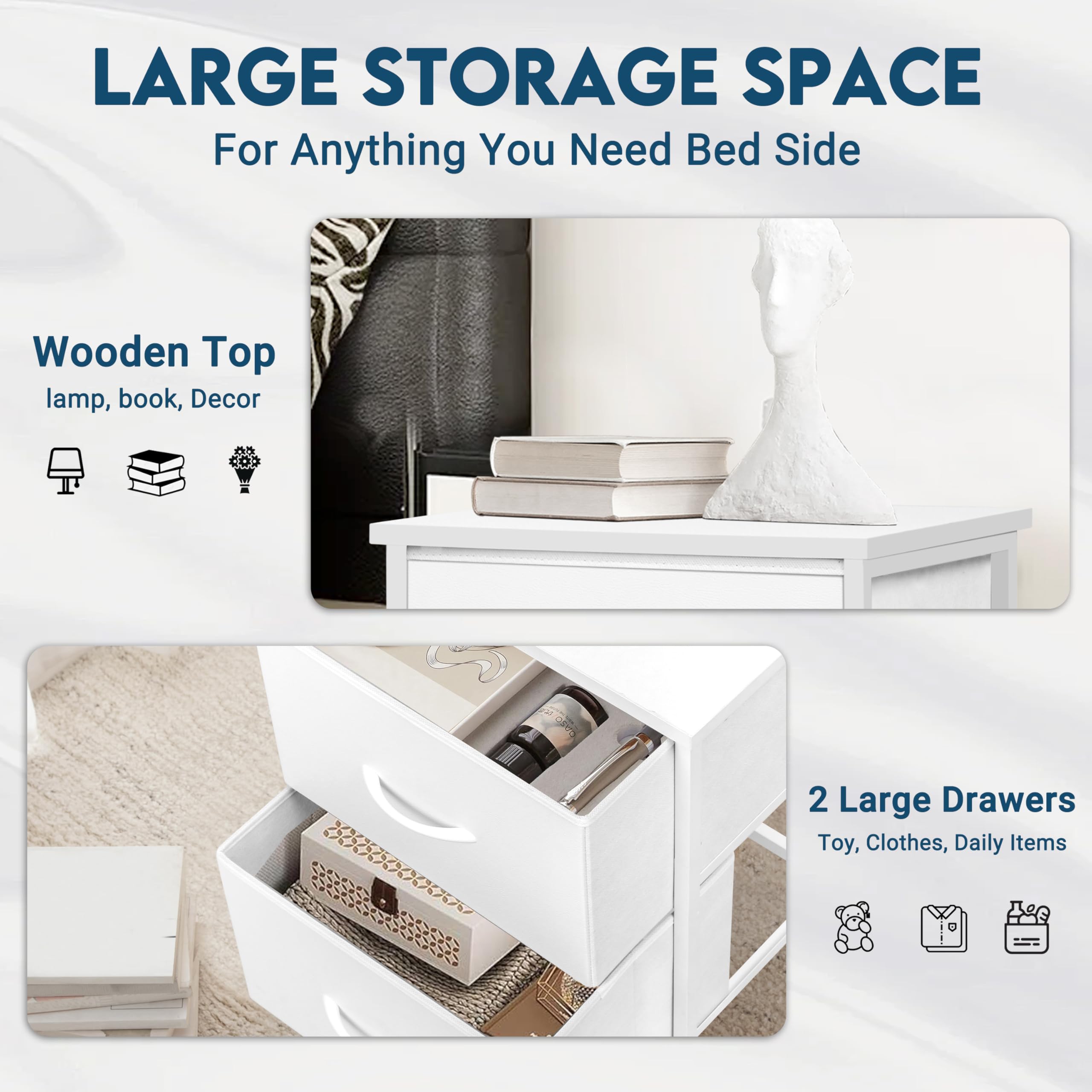 White Nightstand with 2 Fabric Drawers