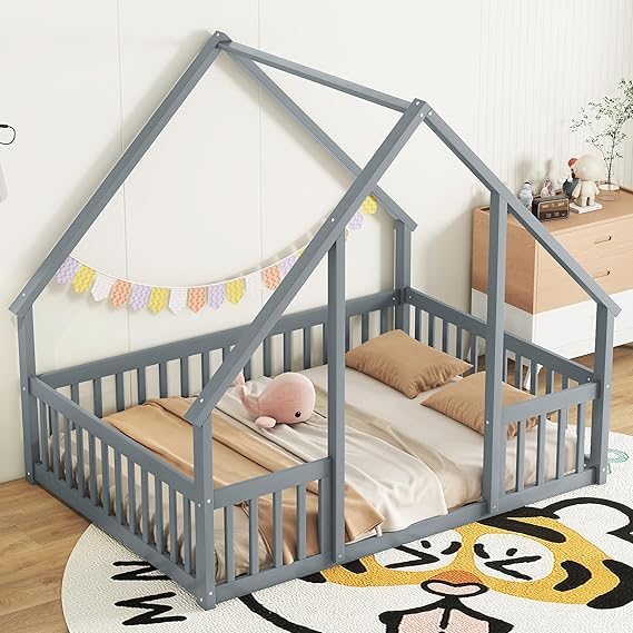 Full Size Montessori Floor Bed with Fence
