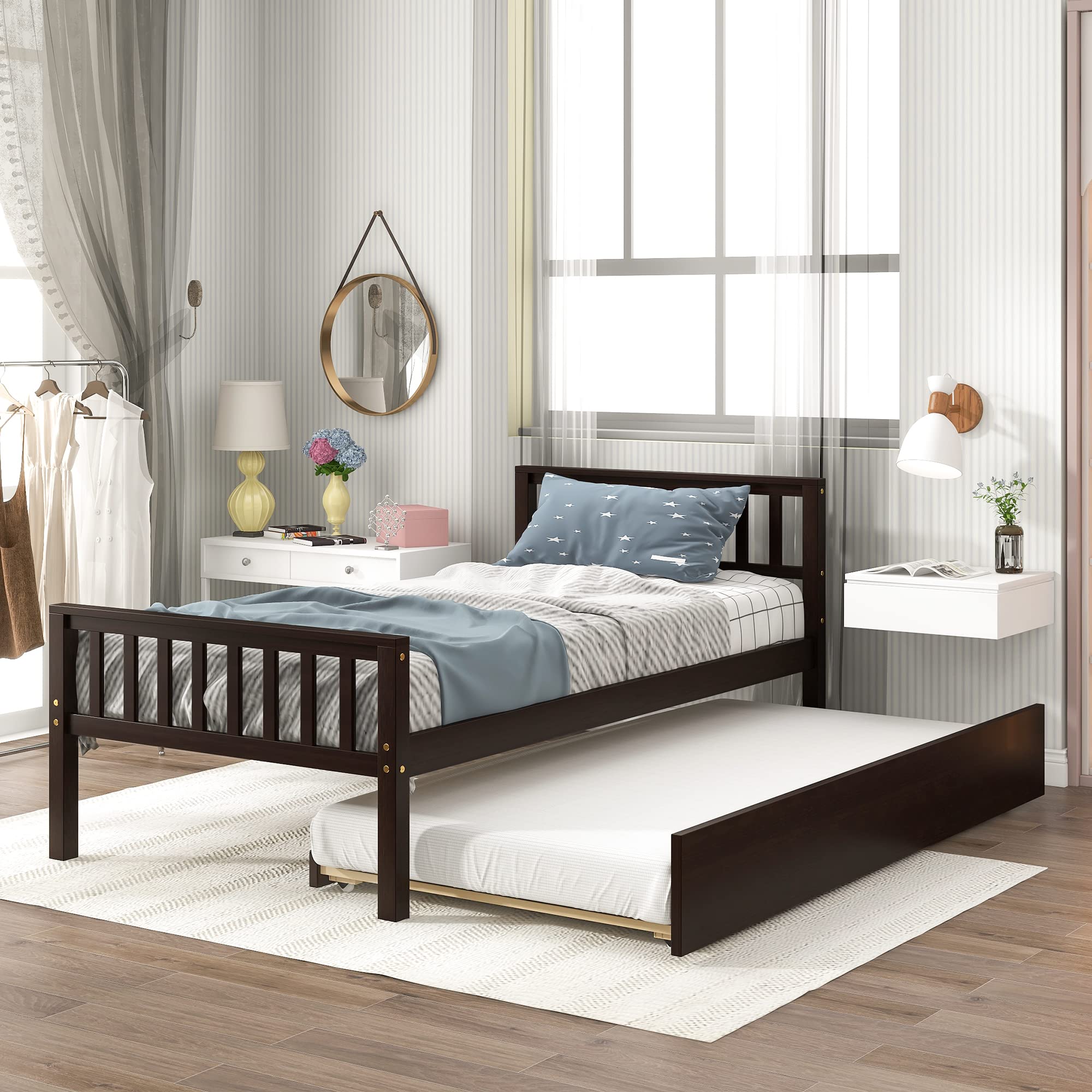 Twin Bed with Trundle, Platform Bed Frame with Headboard