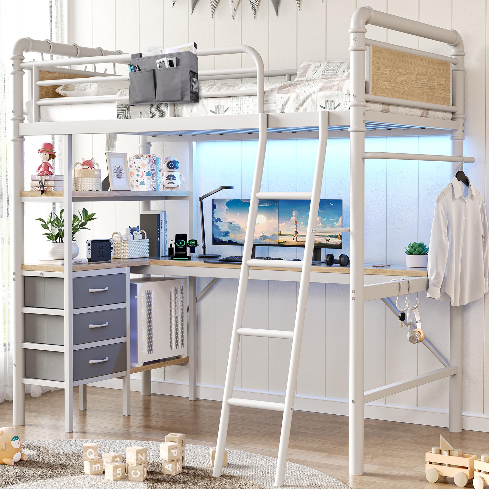 Twin Size Heavy Duty Metal Loft Bed with L-Shaped Desk