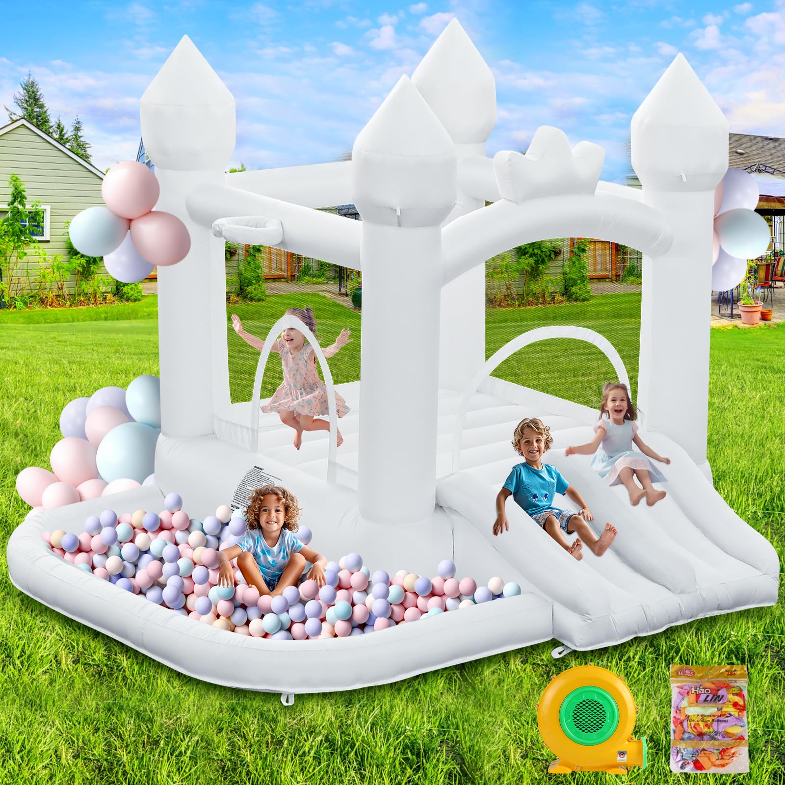 White Bounce House, Inflatable Bounce Castle with Double Slide Ball Pit 370W Blower