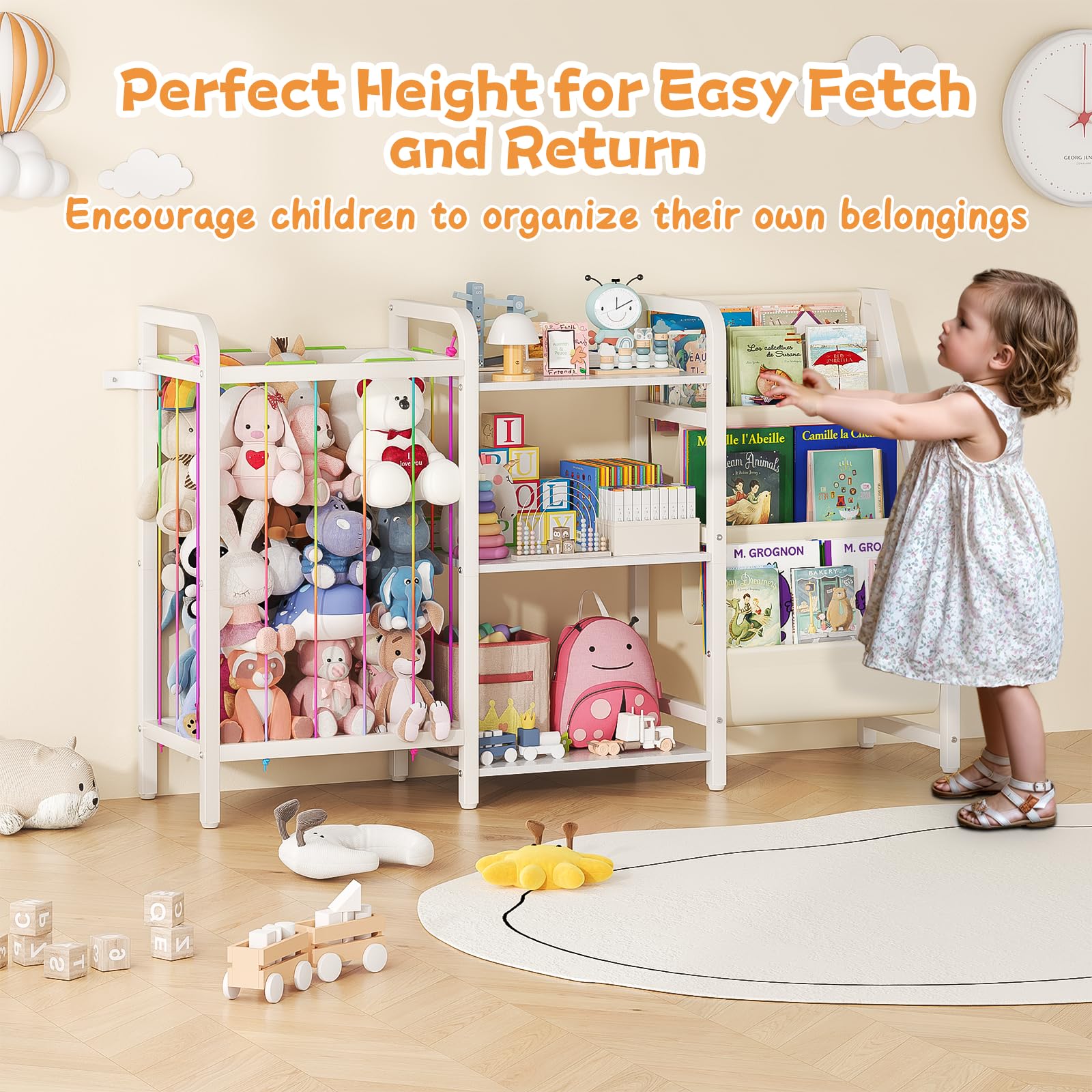 Kids Bookshelf and Toy Storage Organizer with Stuffed Animal Holder