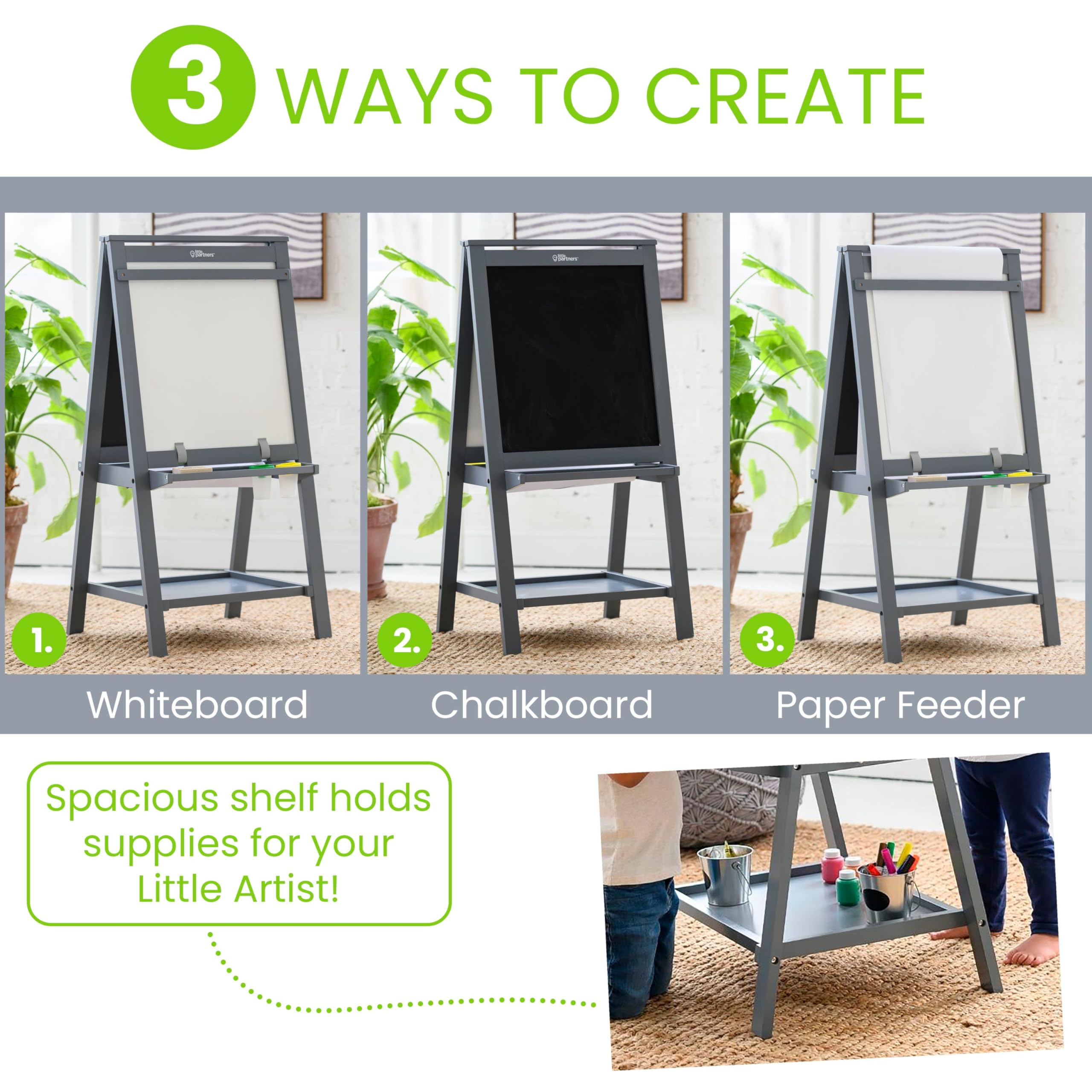 Little Partners Folding EZ Painting Easel for Kids, Dual-Sided Art Easel for Kids Art Station, Folds Flat with Chalkboard, Dry Erase Whiteboard, Paper, Eraser, Paint Cups, Shelf (Earl Grey)