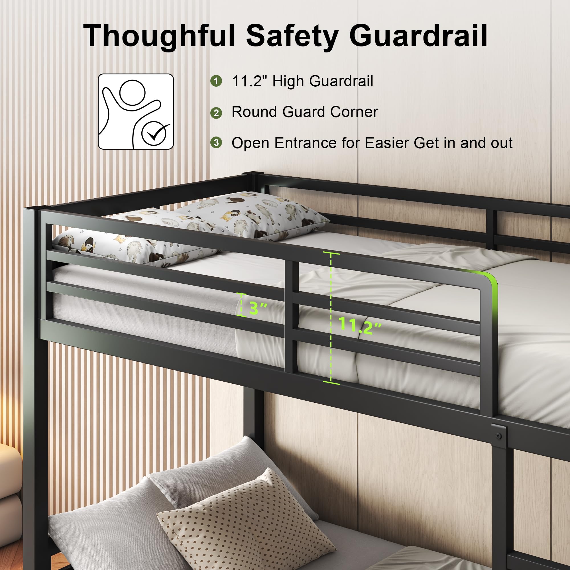 Metal Twin Over Twin Bunk Bed with Ladder and Guardrail