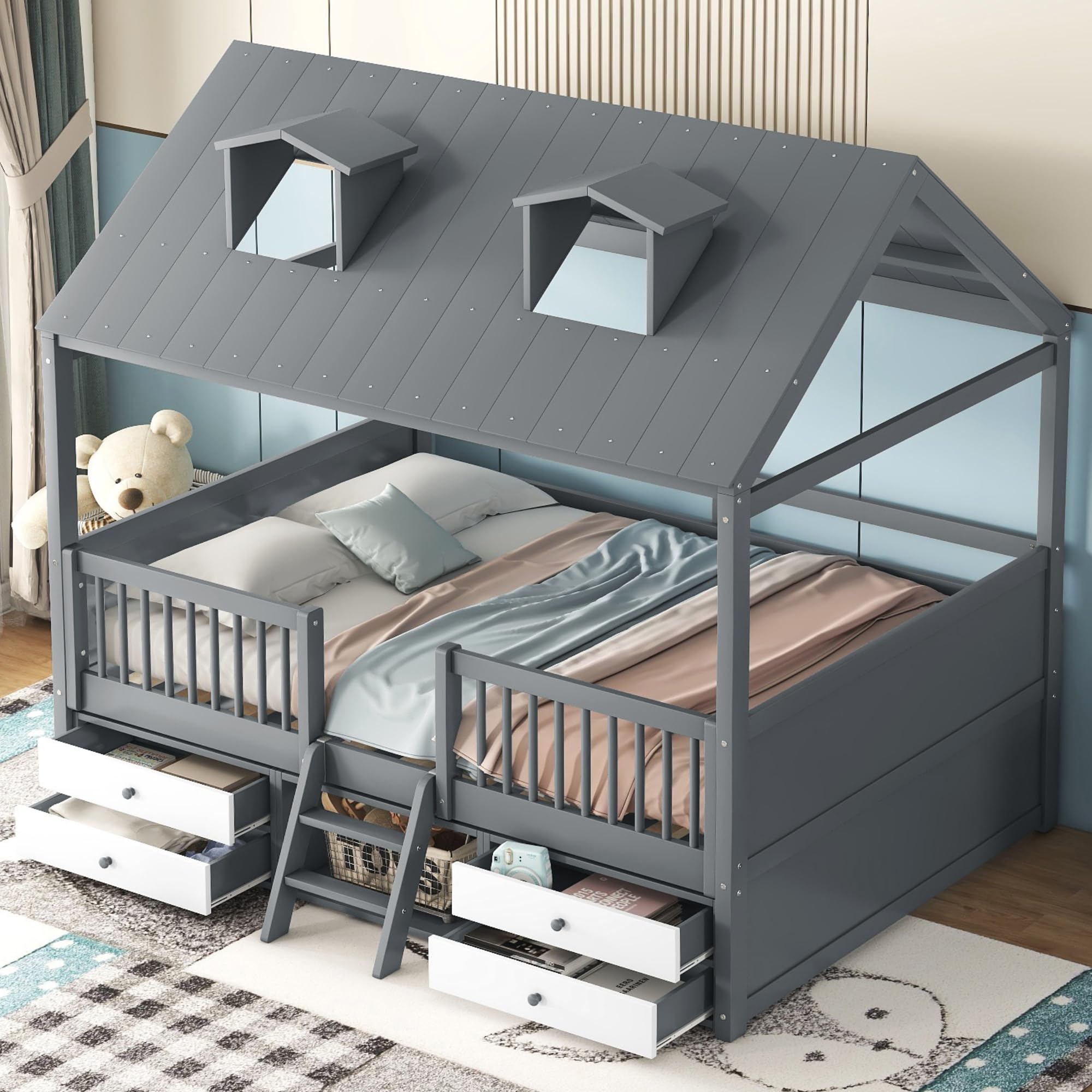 Full Size Wood House Bed Frame with Full-Length Fence and 4 Storage Drawers