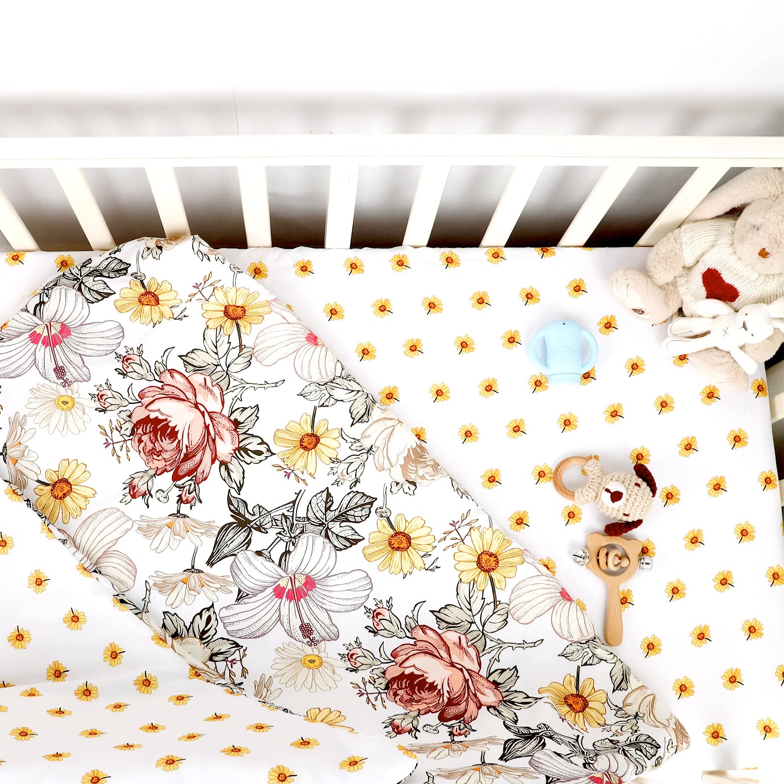 4-Piece Crib Bedding Set for Girls, Boho Baby Girl Bedding Set with Crib Skirt, Baby Quilt, Crib Sheet and Diaper Stacker, Flower