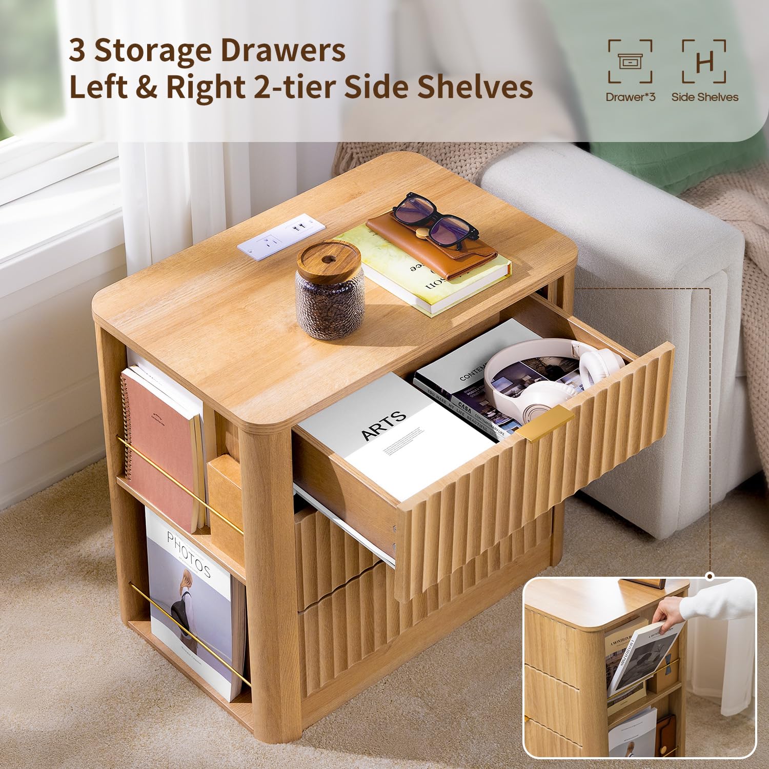Fluted Nightstand with Charging Station and 3 Drawers