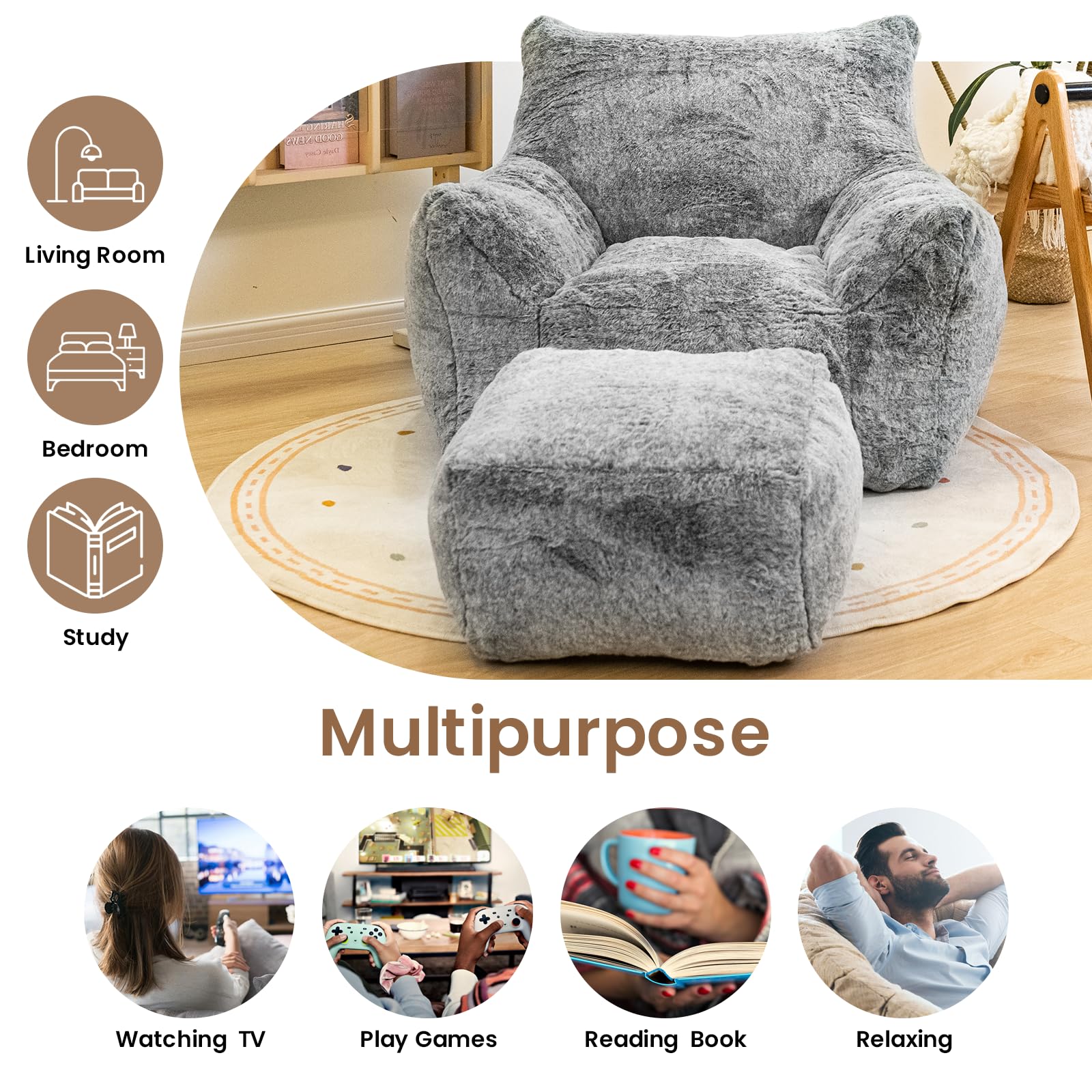 Bean Bag Chair with Ottoman and Footrest - Faux Fur