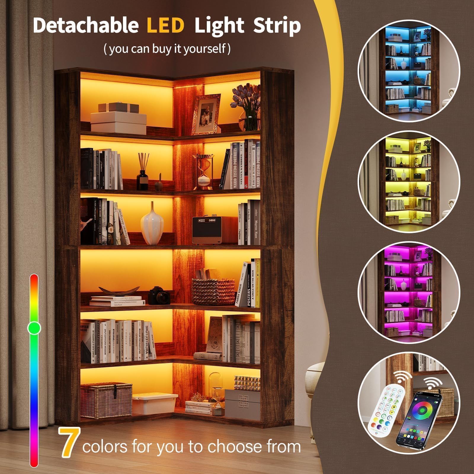 6-Tier Corner Bookshelf with LED Lights
